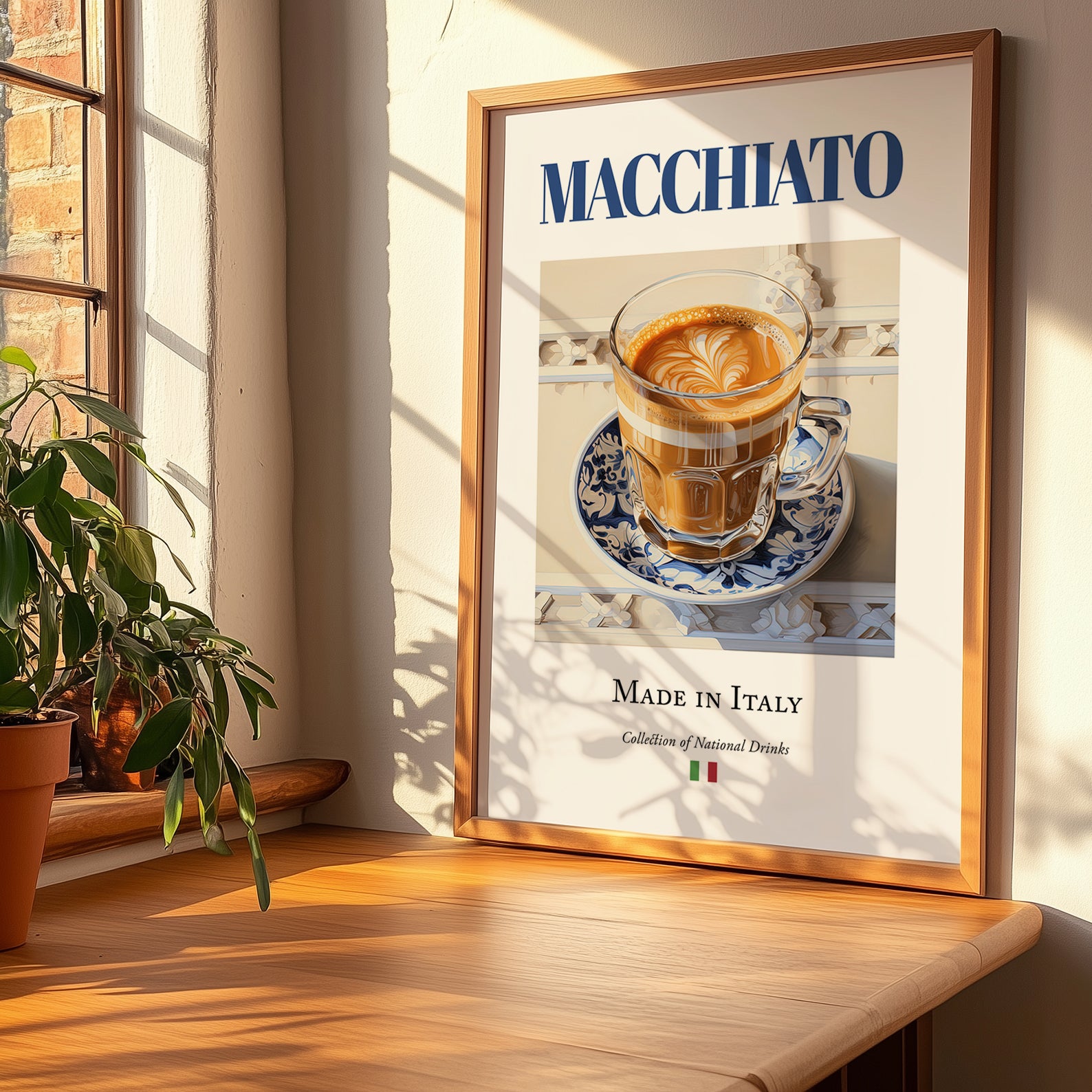 Macchiato – Italian Coffee, Book Café Wall Decor, no-text version framed in wood