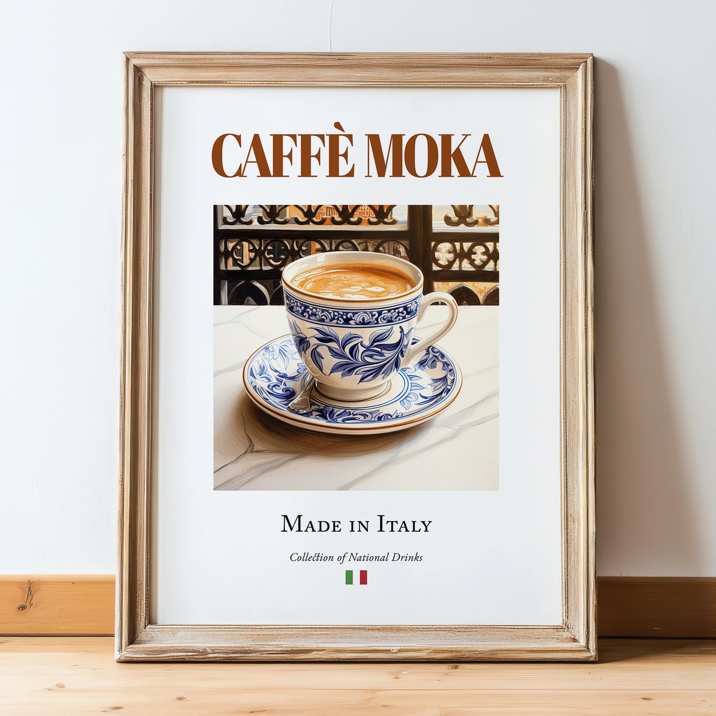Caffè moka – Italian Coffee, Book Café Illustration, in wooden frame leaning on the floor