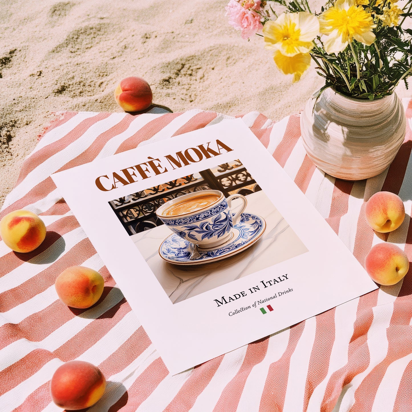 Caffè moka – Italian Coffee, Book Café Illustration, unframed on coastal sand
