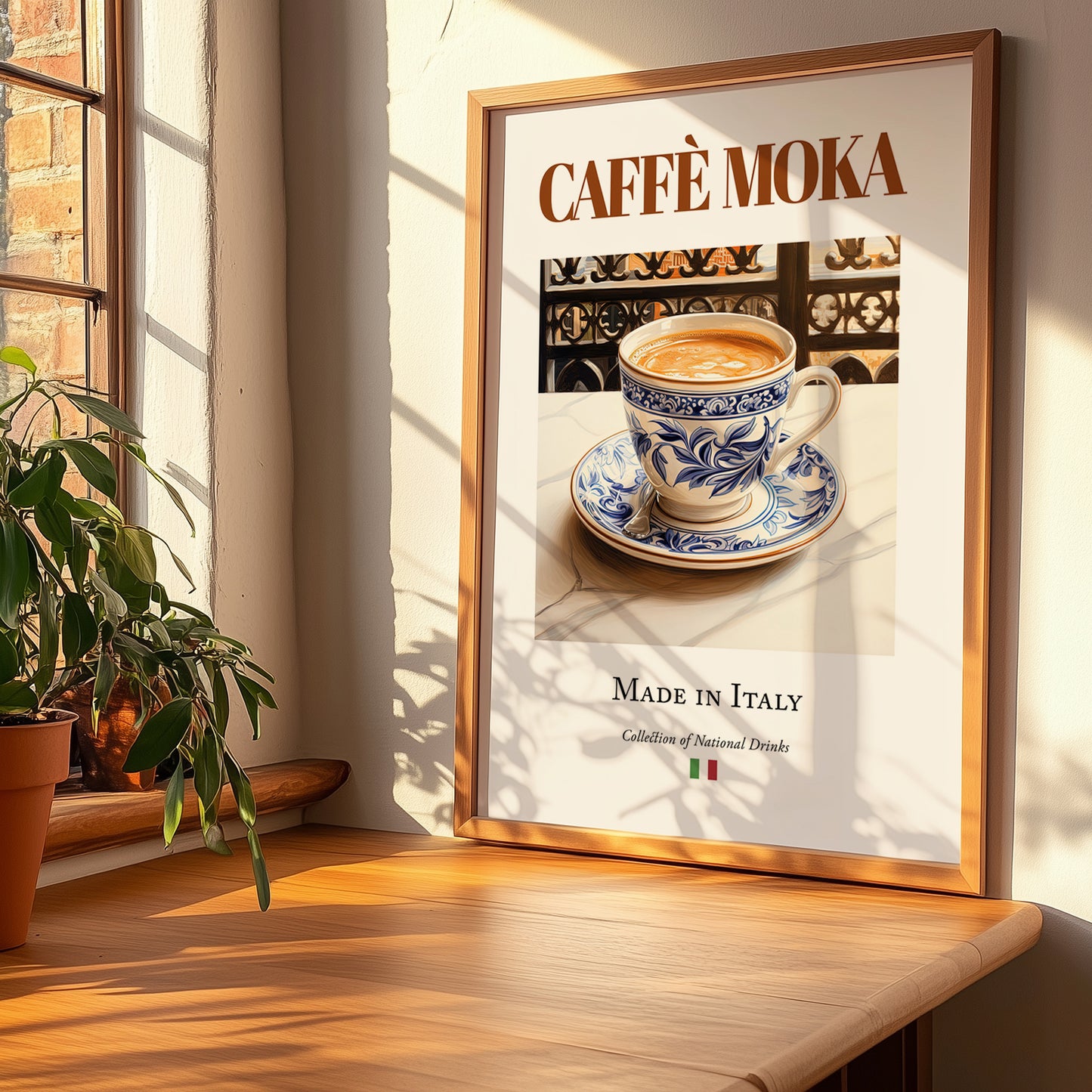 Caffè moka – Italian Coffee, Book Café Illustration, no-text version framed in wood