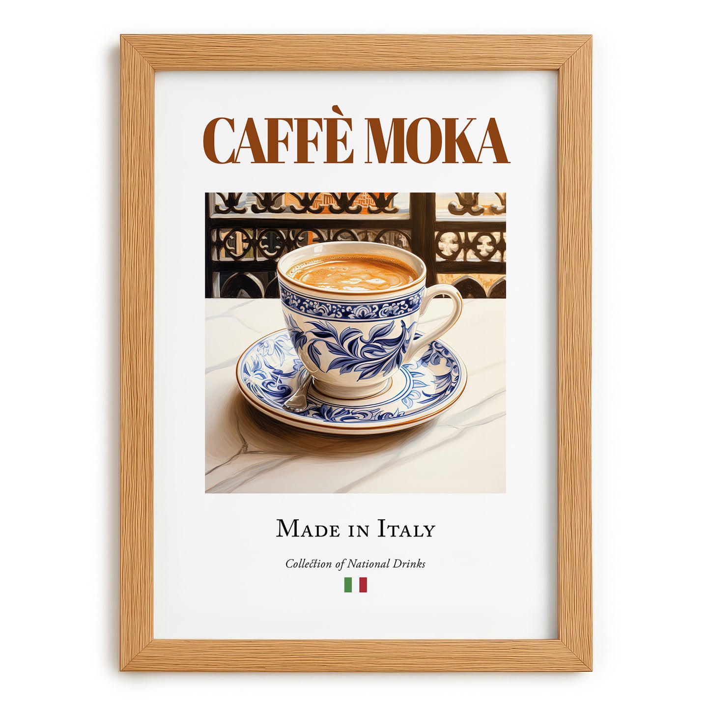 Caffè moka – Italian Coffee, Book Café Illustration, set in oak frame