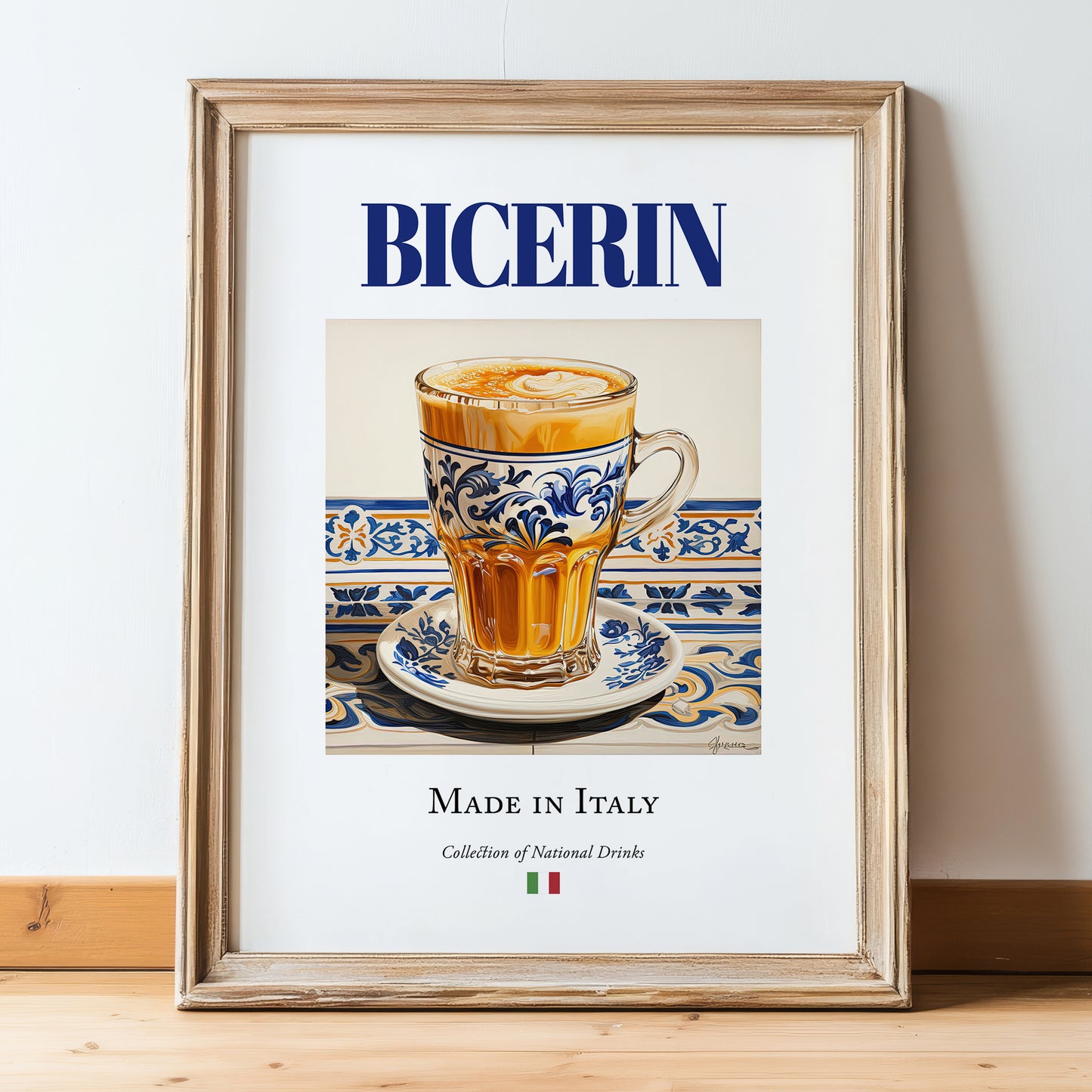 Bicerin – Italian Coffee, Book Café Art, in wooden frame leaning on the floor