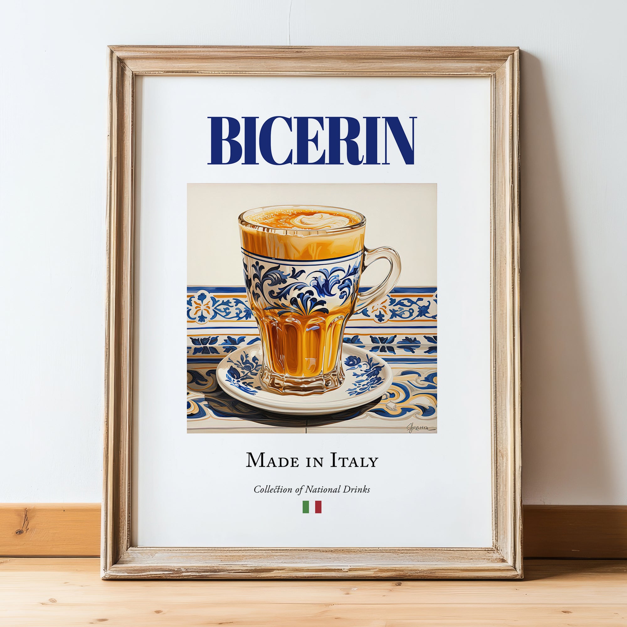 Bicerin – Italian Coffee, Book Café Art, in wooden frame leaning on the floor