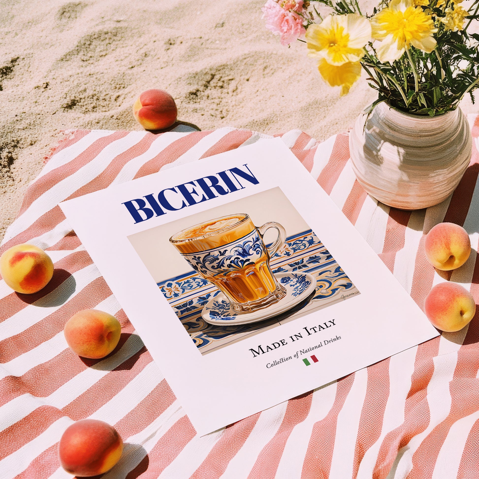 Bicerin – Italian Coffee, Book Café Art, unframed on coastal sand