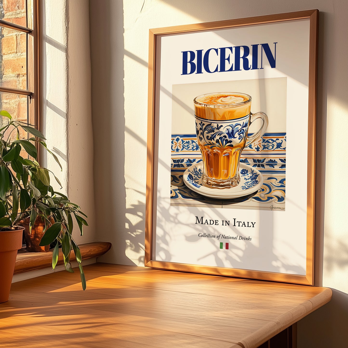 Bicerin – Italian Coffee, Book Café Art, no-text version framed in wood