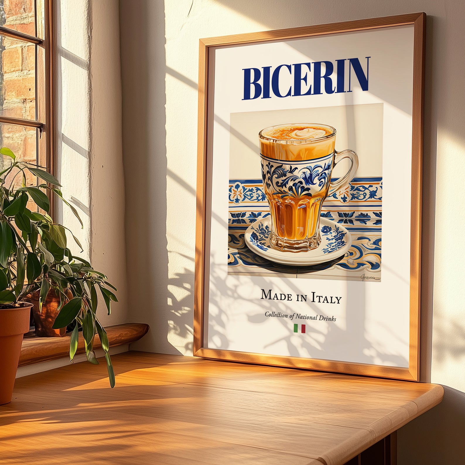 Bicerin – Italian Coffee, Book Café Art, no-text version framed in wood
