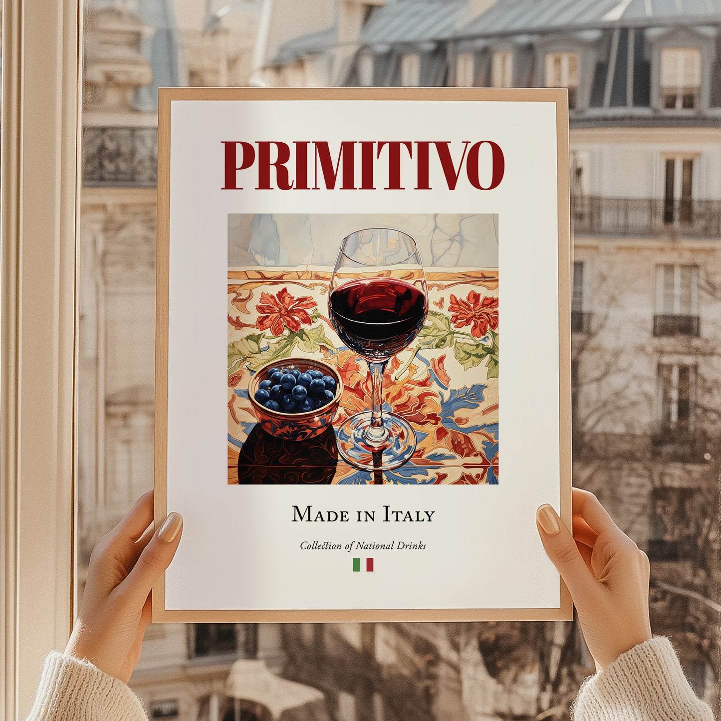 Primitivo – Italian Red Wine, Vinoteca Wall Art, styled in a charming Paris street view