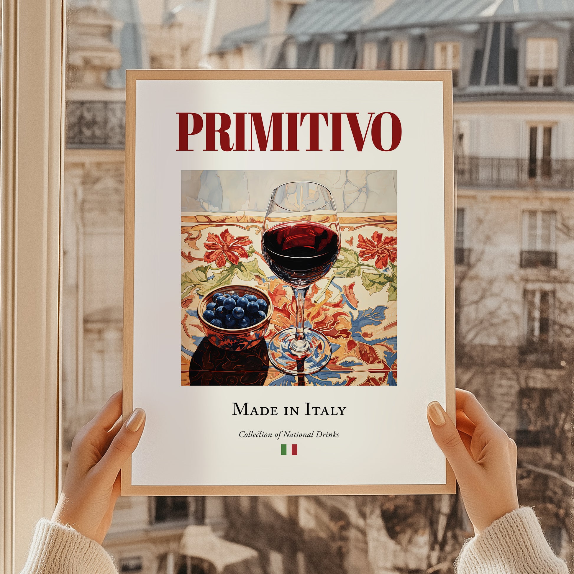 Primitivo – Italian Red Wine, Vinoteca Wall Art, styled in a charming Paris street view