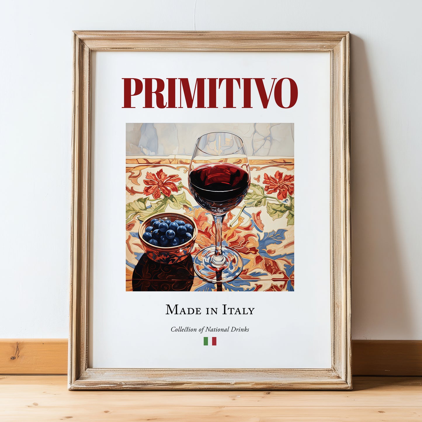 Primitivo – Italian Red Wine, Vinoteca Wall Art, in wooden frame leaning on the floor