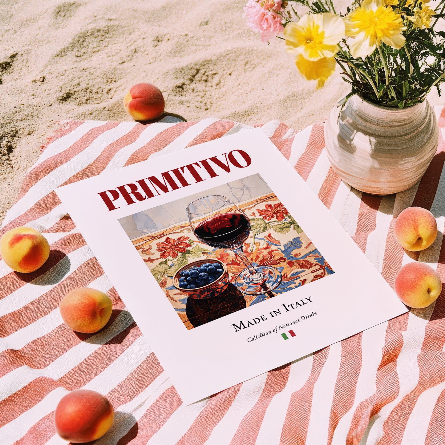 Primitivo – Italian Red Wine, Vinoteca Wall Art, unframed on coastal sand