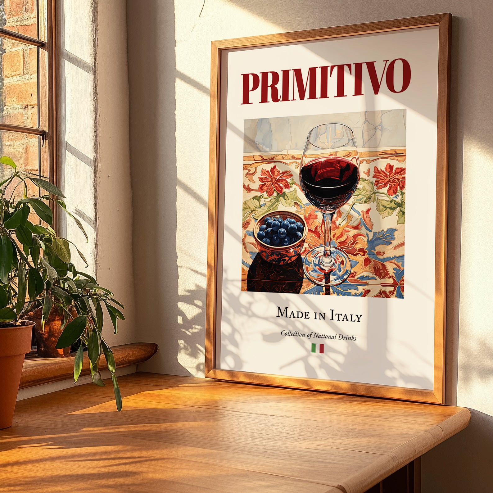 Primitivo – Italian Red Wine, Vinoteca Wall Art, no-text version framed in wood