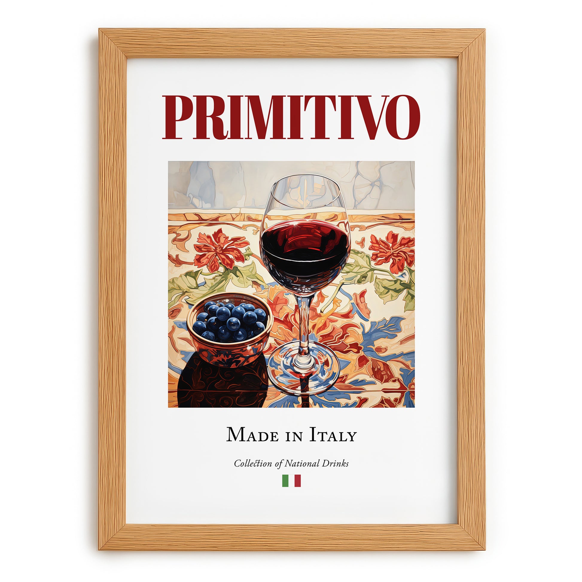 Primitivo – Italian Red Wine, Vinoteca Wall Art, set in oak frame
