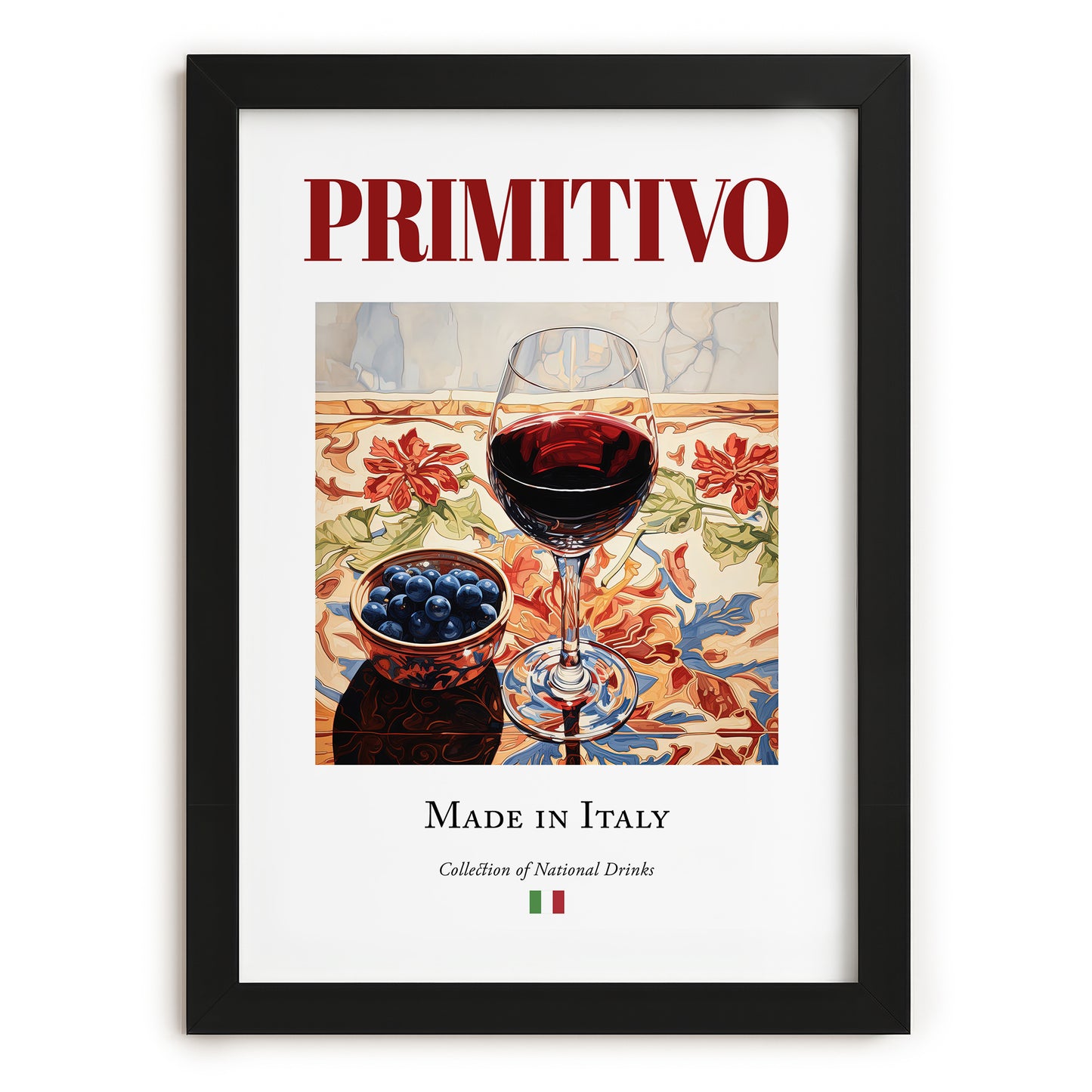 Primitivo – Italian Red Wine, Vinoteca Wall Art, in sleek black frame