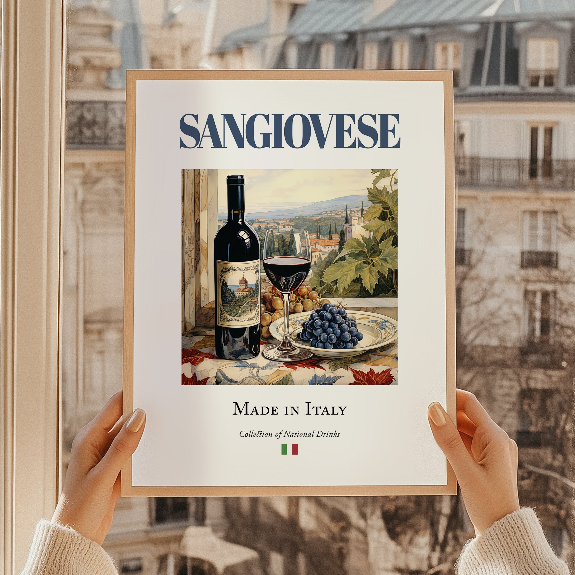 Sangiovese – Italian Red Wine, Vinoteca Print, styled in a charming Paris street view