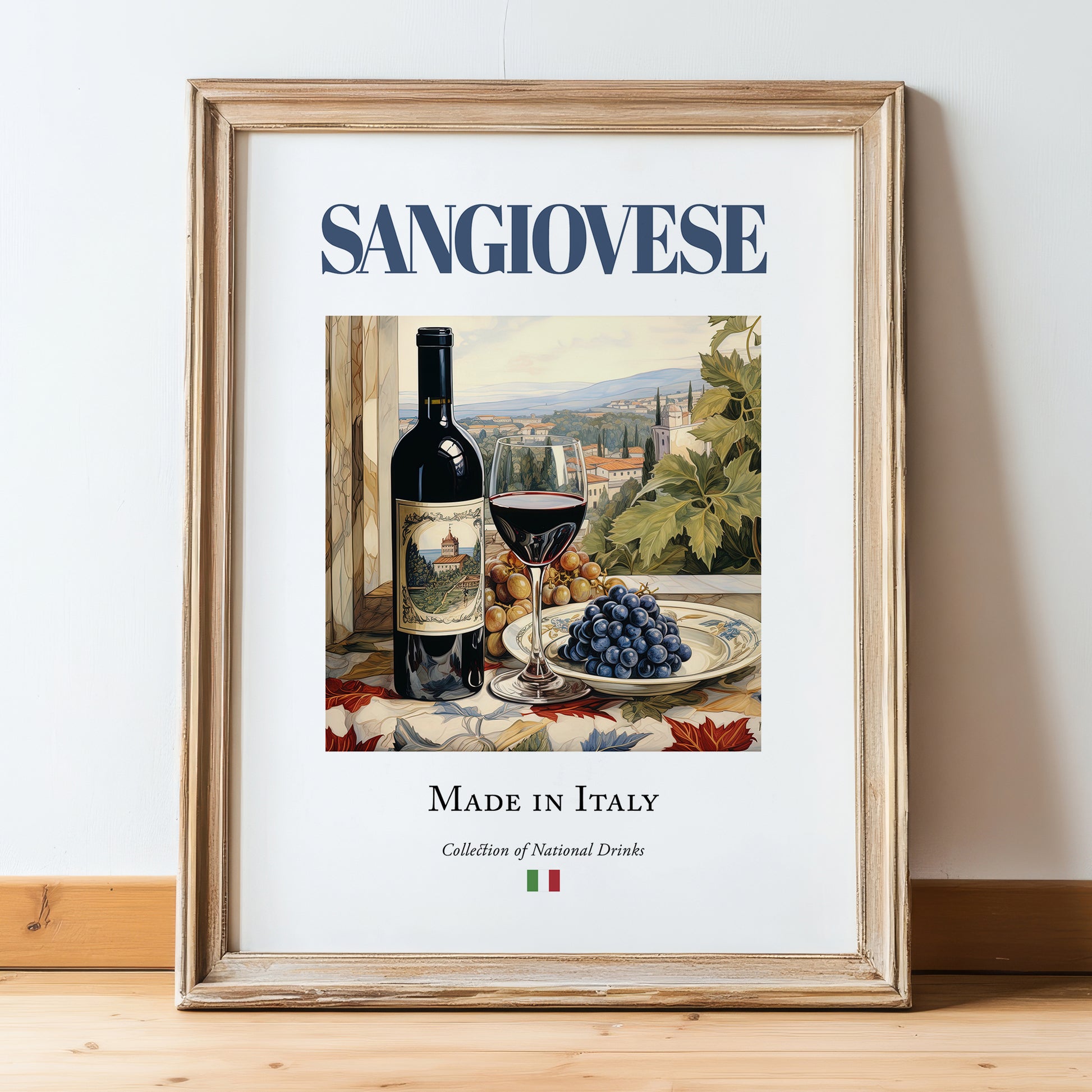 Sangiovese – Italian Red Wine, Vinoteca Print, in wooden frame leaning on the floor