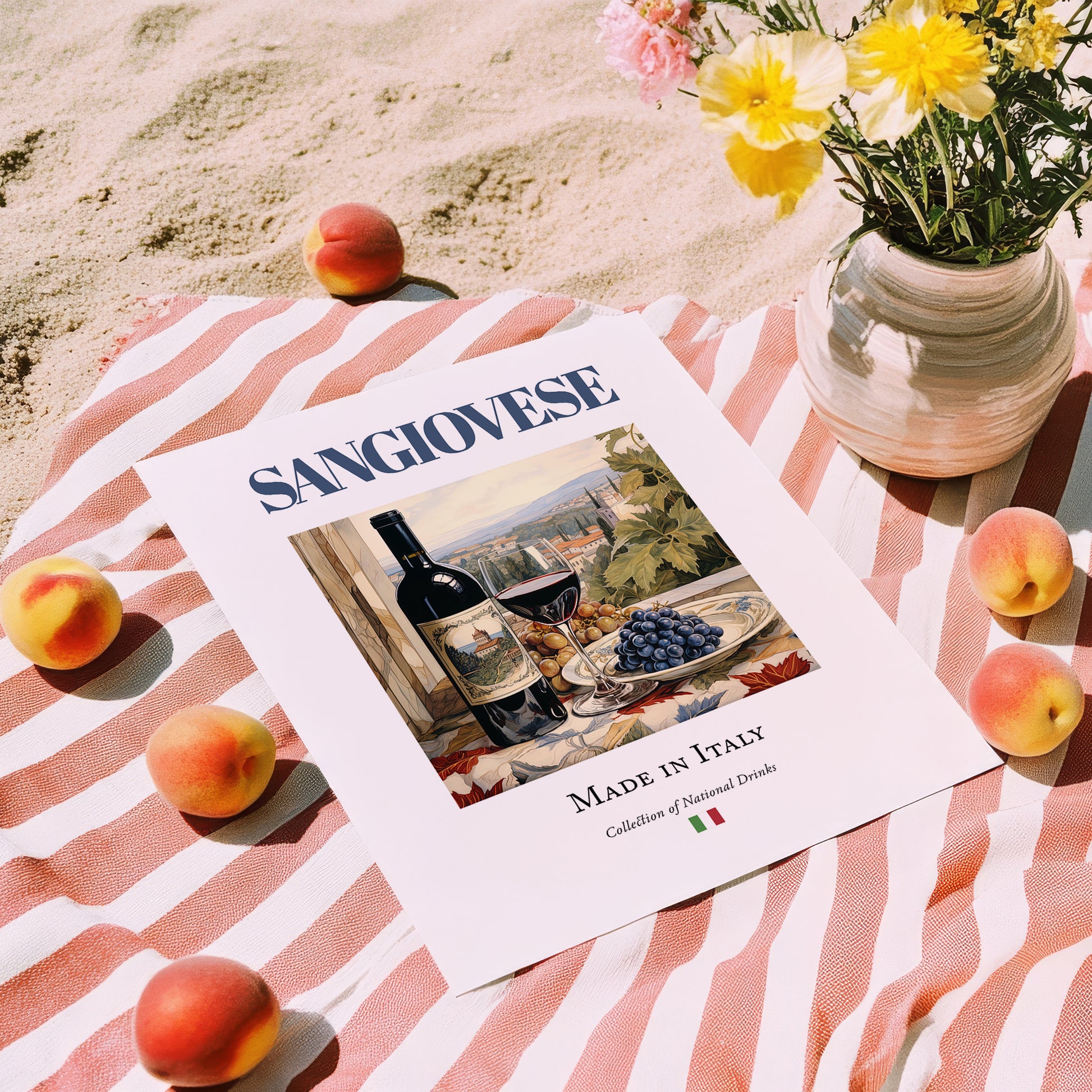 Sangiovese – Italian Red Wine, Vinoteca Print, unframed on coastal sand