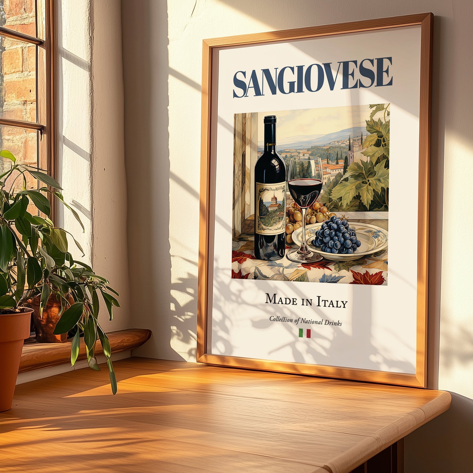 Sangiovese – Italian Red Wine, Vinoteca Print, no-text version framed in wood