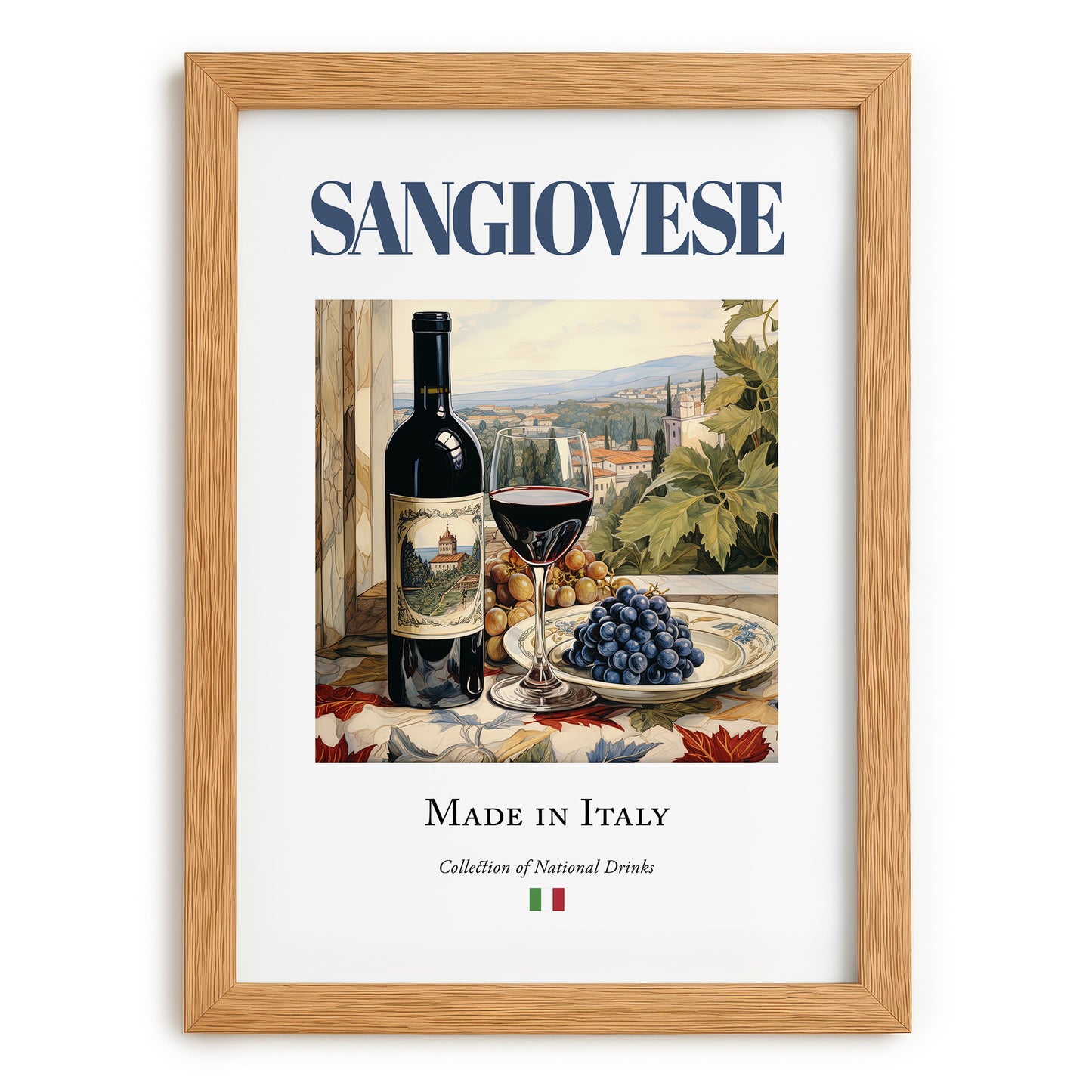 Sangiovese – Italian Red Wine, Vinoteca Print, set in oak frame