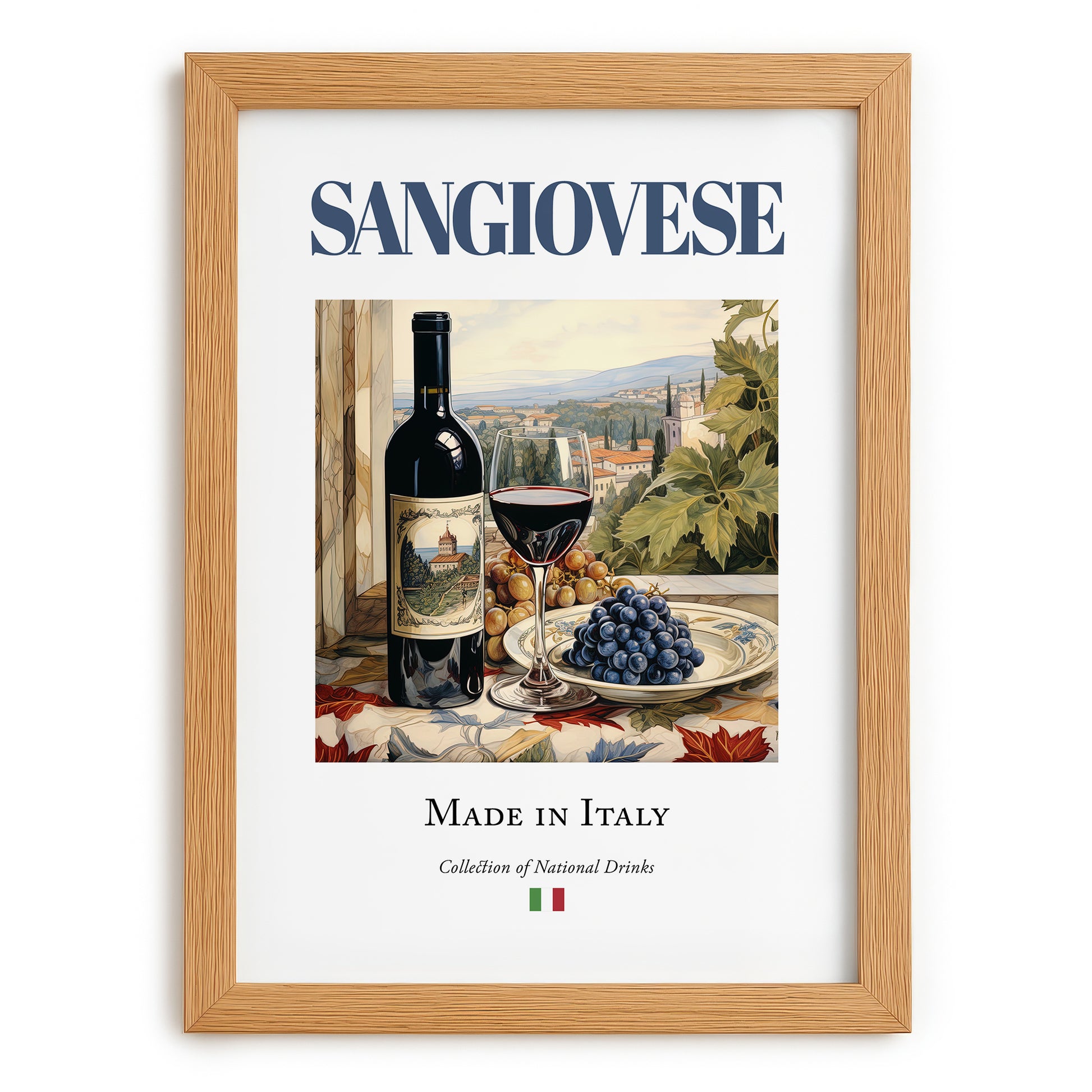 Sangiovese – Italian Red Wine, Vinoteca Print, set in oak frame