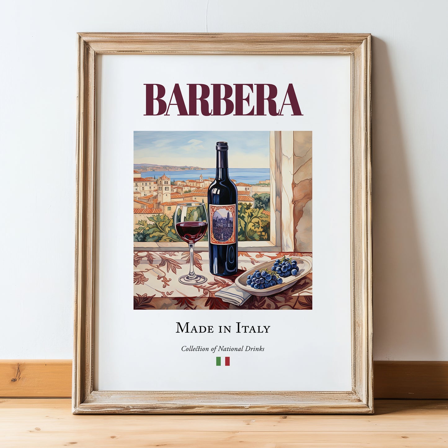 Barbera – Italian Red Wine, Vinoteca Poster, in wooden frame leaning on the floor