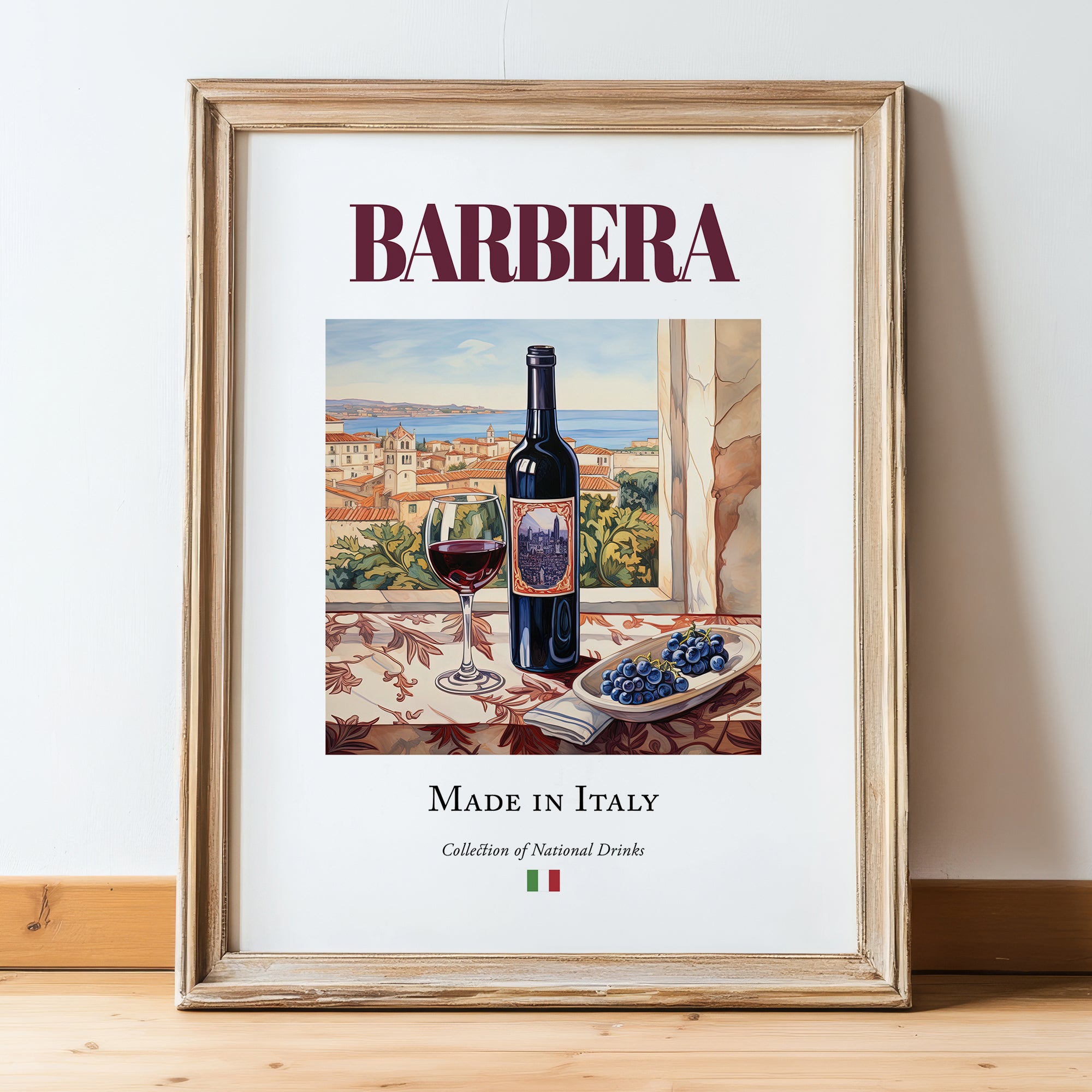 Barbera – Italian Red Wine, Vinoteca Poster, in wooden frame leaning on the floor