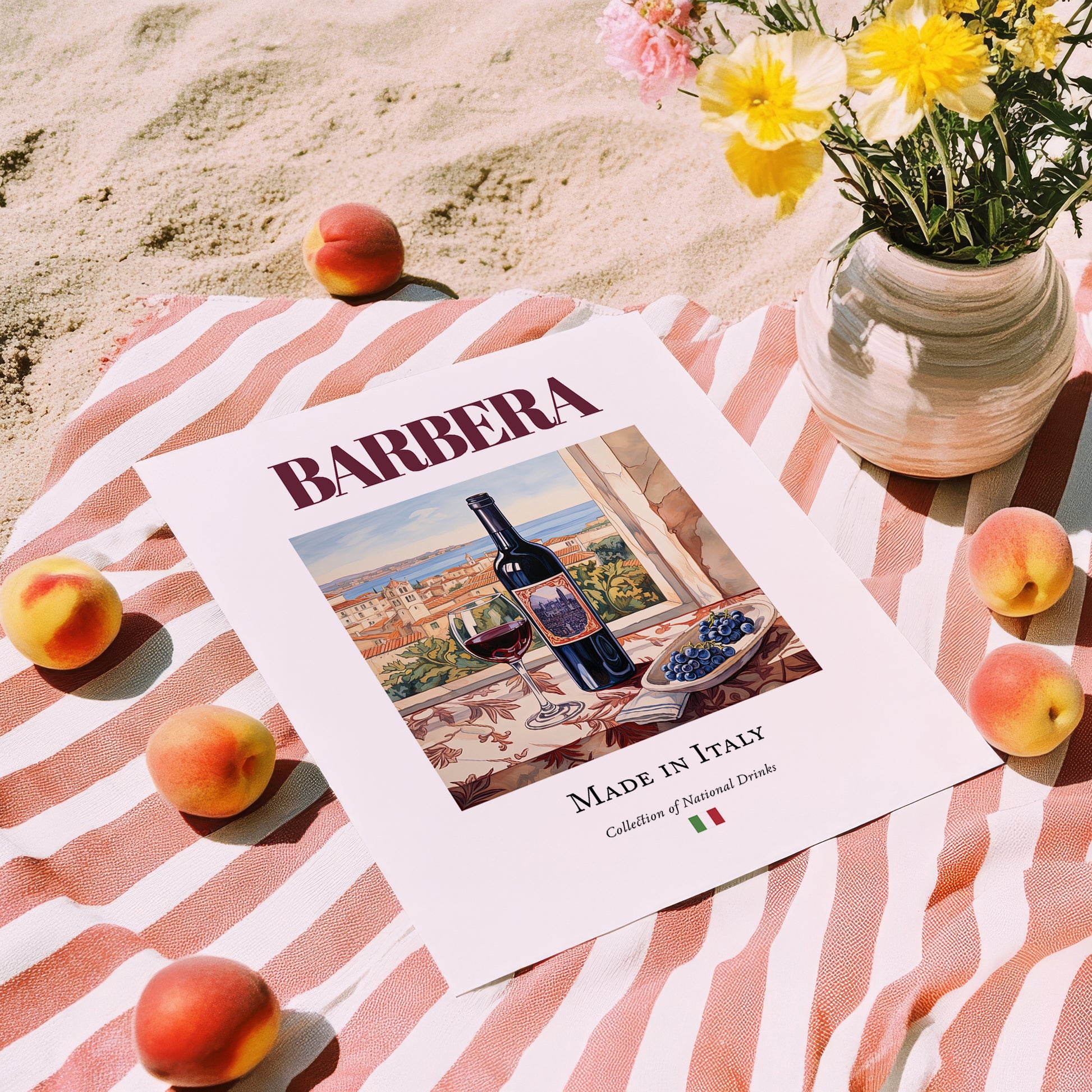 Barbera – Italian Red Wine, Vinoteca Poster, unframed on coastal sand