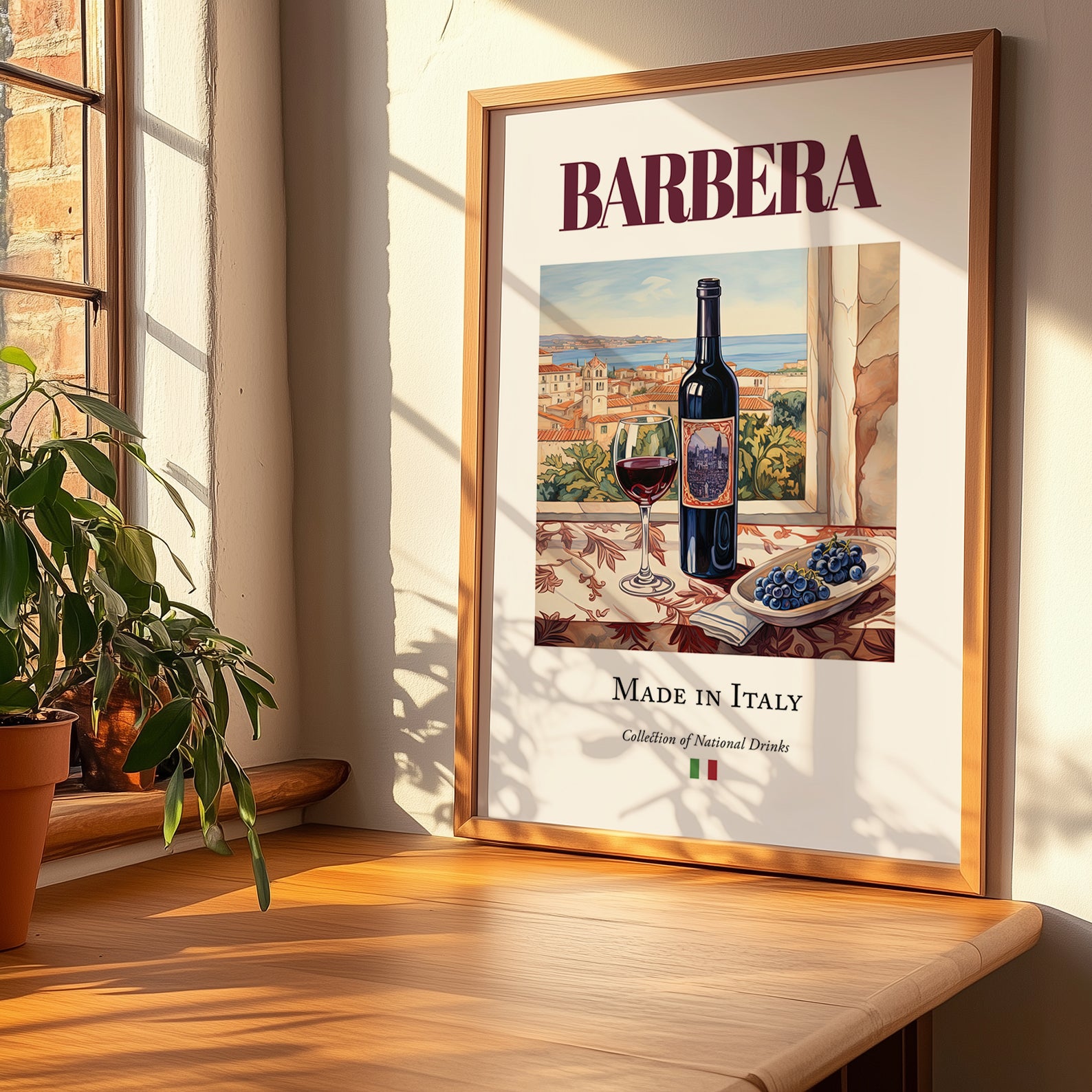 Barbera – Italian Red Wine, Vinoteca Poster, no-text version framed in wood