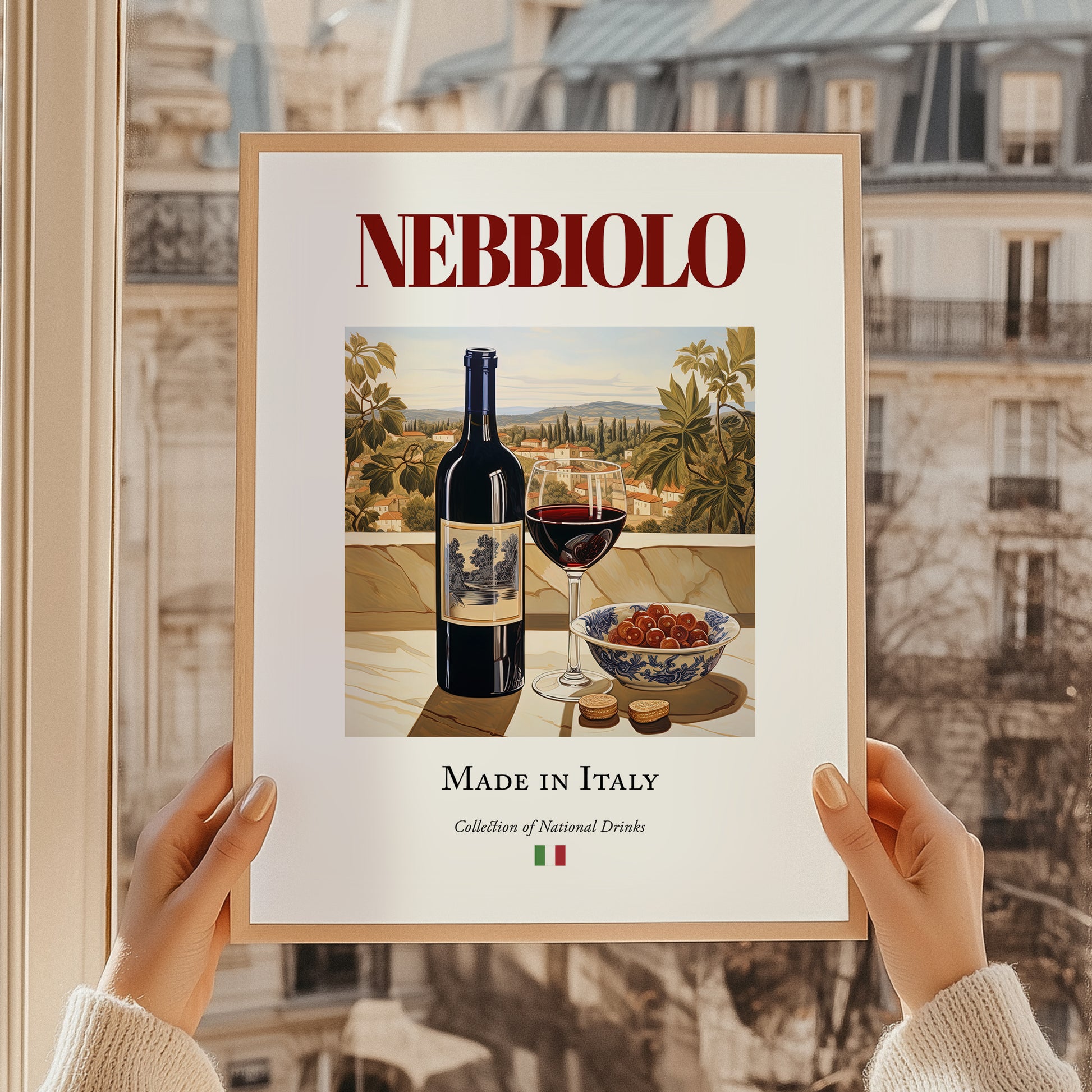Nebbiolo – Italian Red Wine, Wine Bar Poster, styled in a charming Paris street view