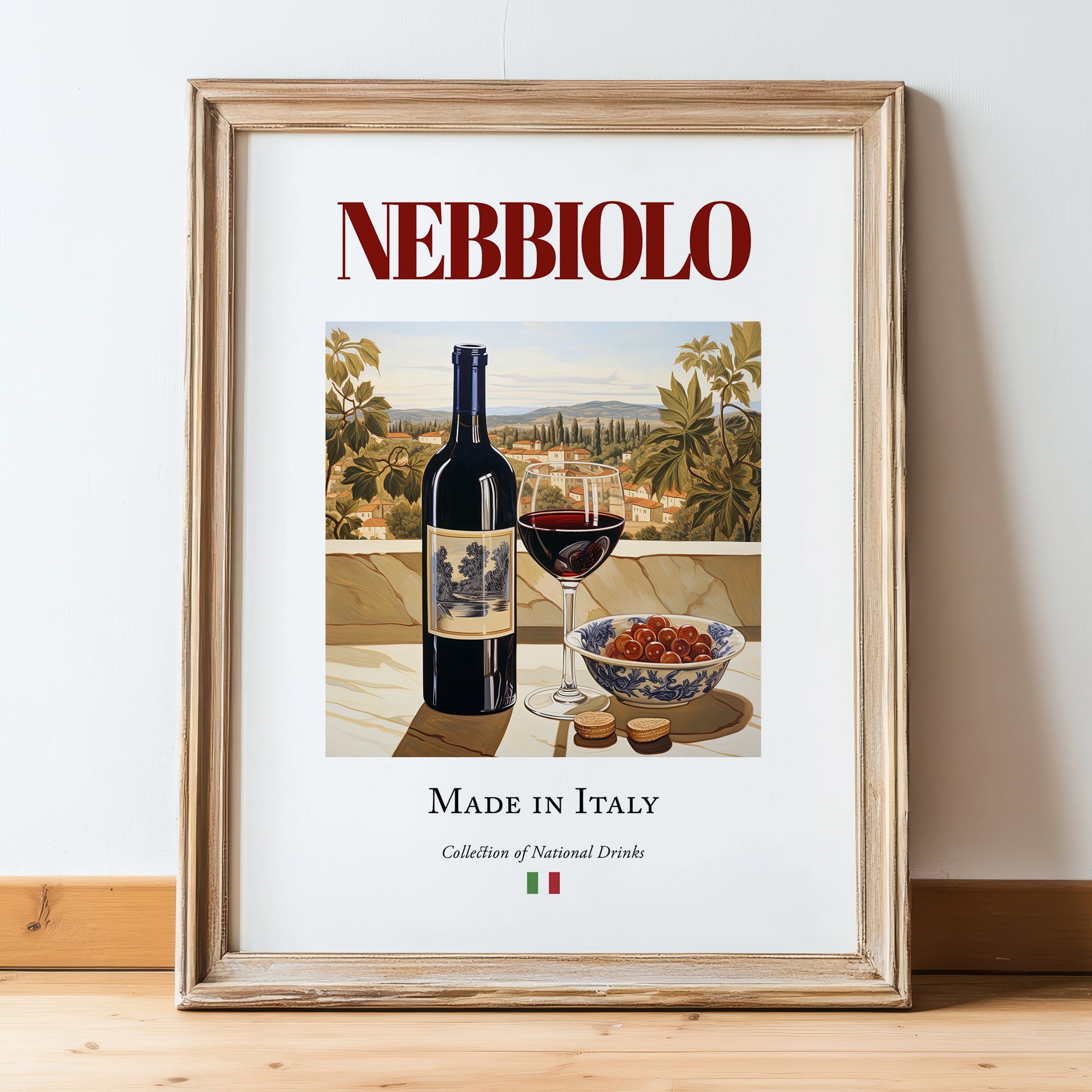 Nebbiolo – Italian Red Wine, Wine Bar Poster, in wooden frame leaning on the floor