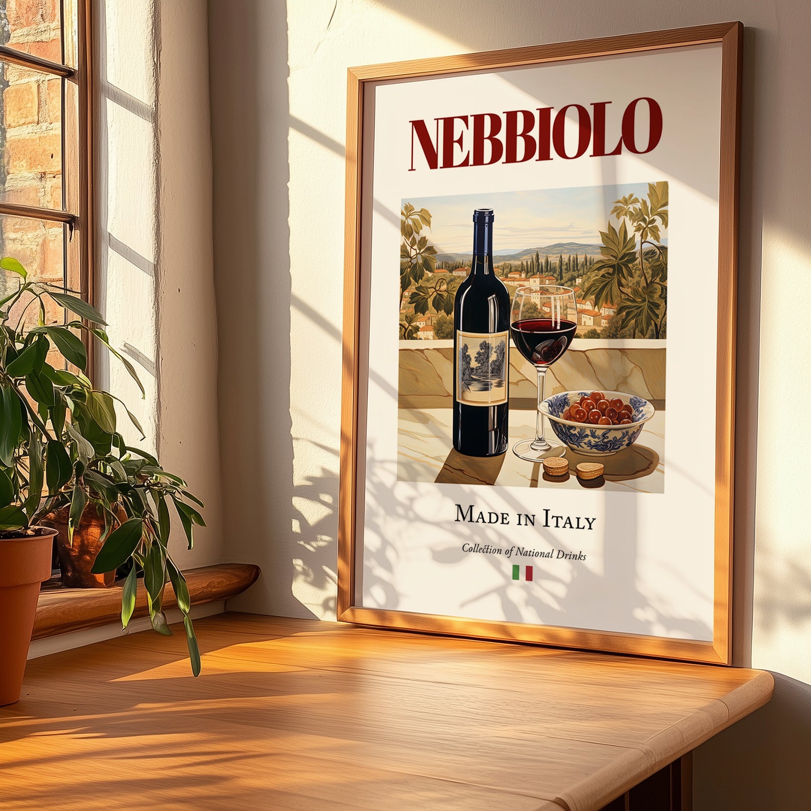 Nebbiolo – Italian Red Wine, Wine Bar Poster, no-text version framed in wood