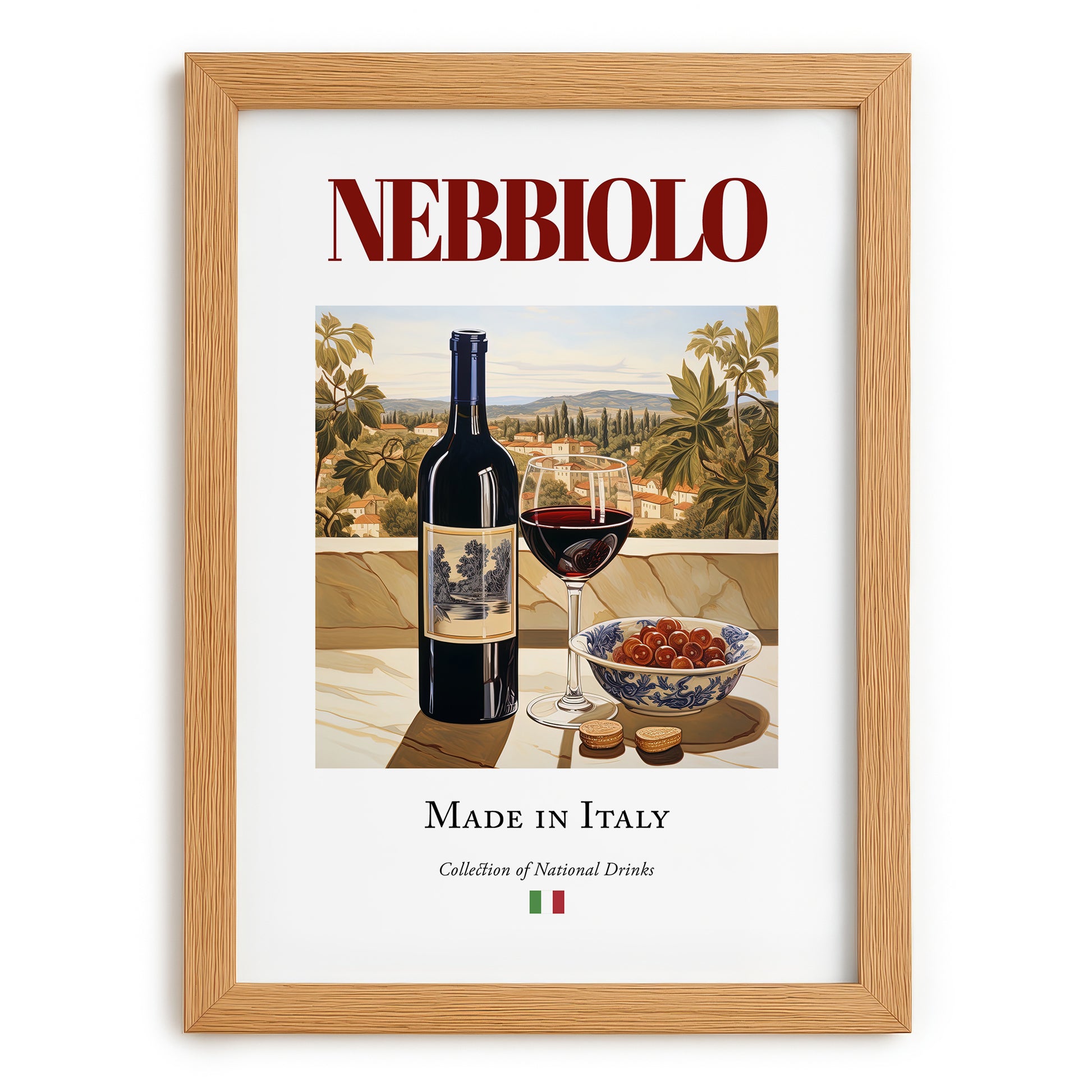 Nebbiolo – Italian Red Wine, Wine Bar Poster, set in oak frame