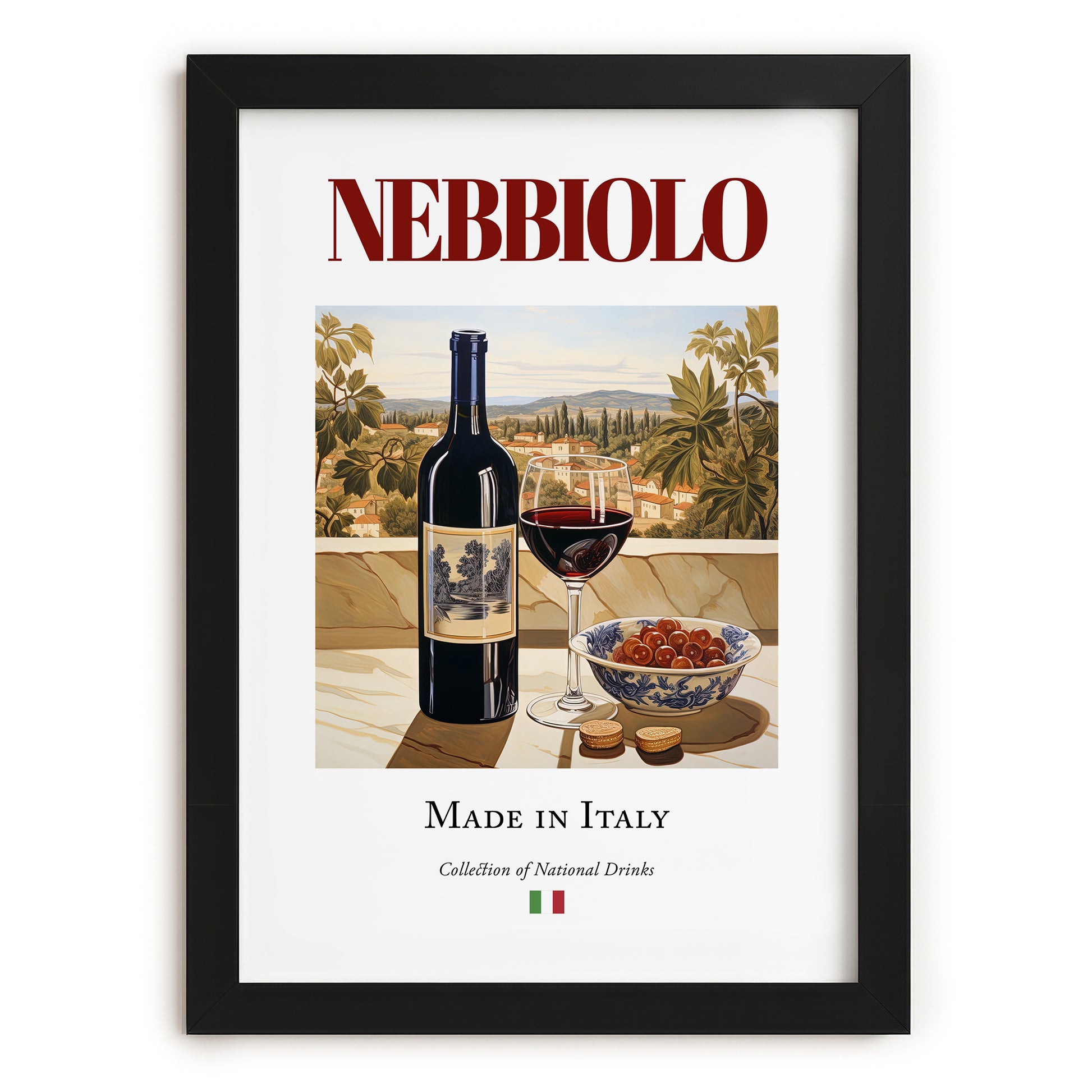 Nebbiolo – Italian Red Wine, Wine Bar Poster, in sleek black frame