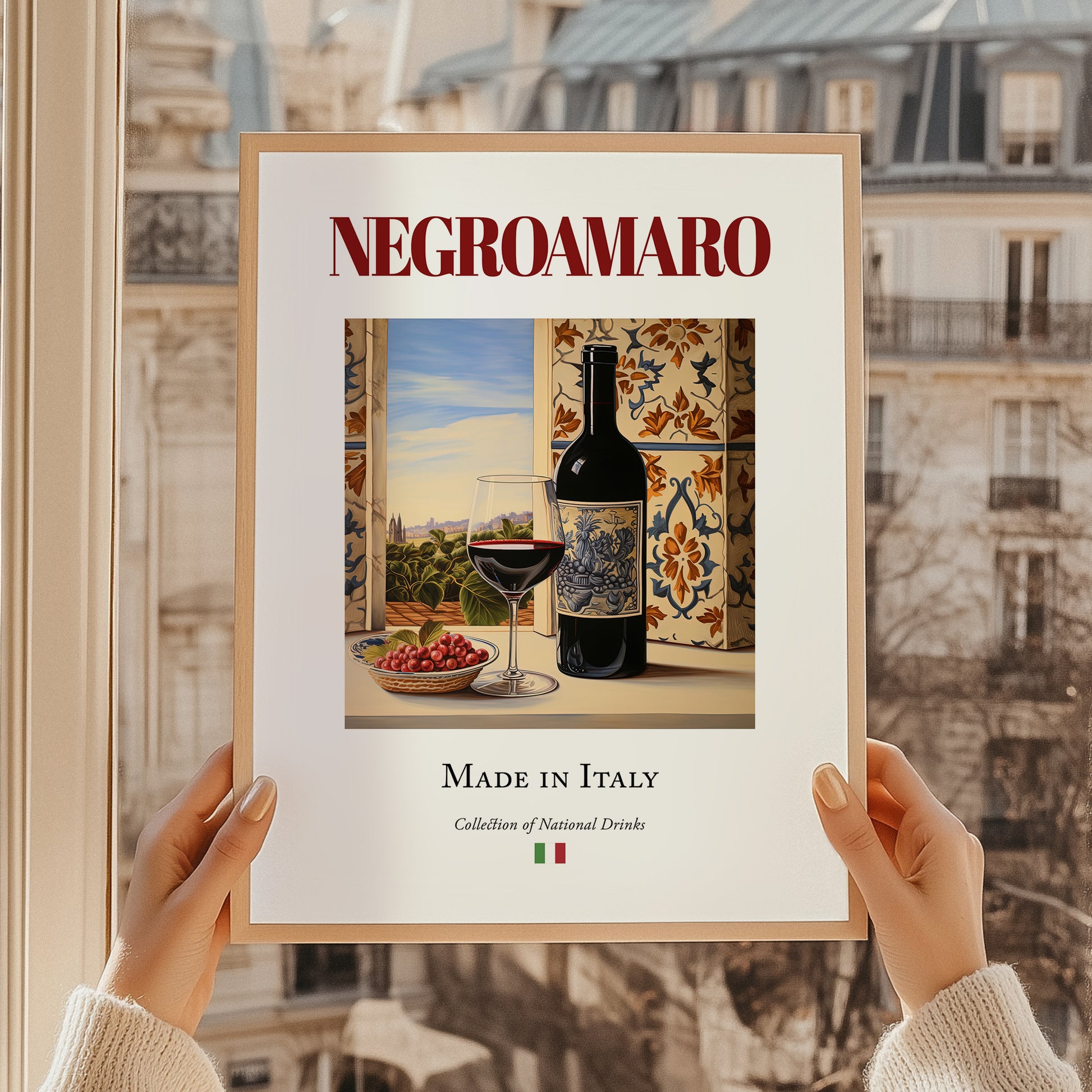 Negroamaro – Italian Red Wine, Wine Bar Wall Art, styled in a charming Paris street view
