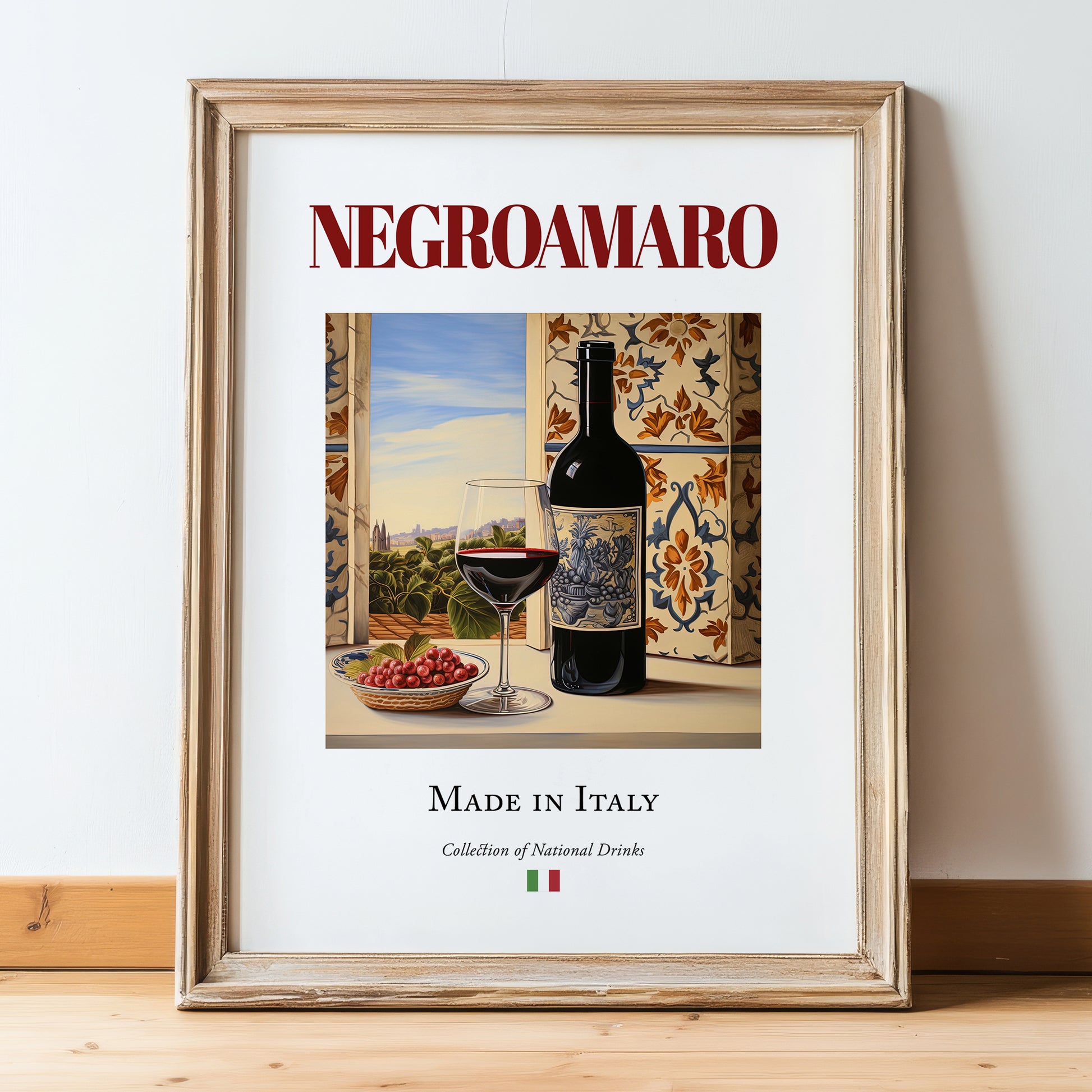 Negroamaro – Italian Red Wine, Wine Bar Wall Art, in wooden frame leaning on the floor
