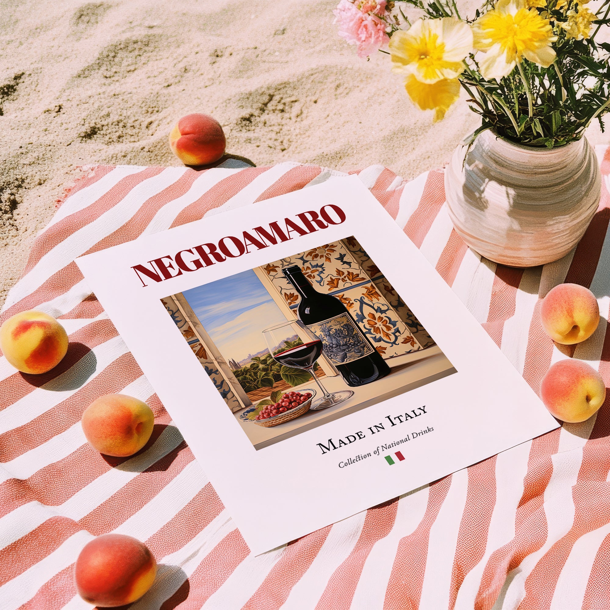 Negroamaro – Italian Red Wine, Wine Bar Wall Art, unframed on coastal sand