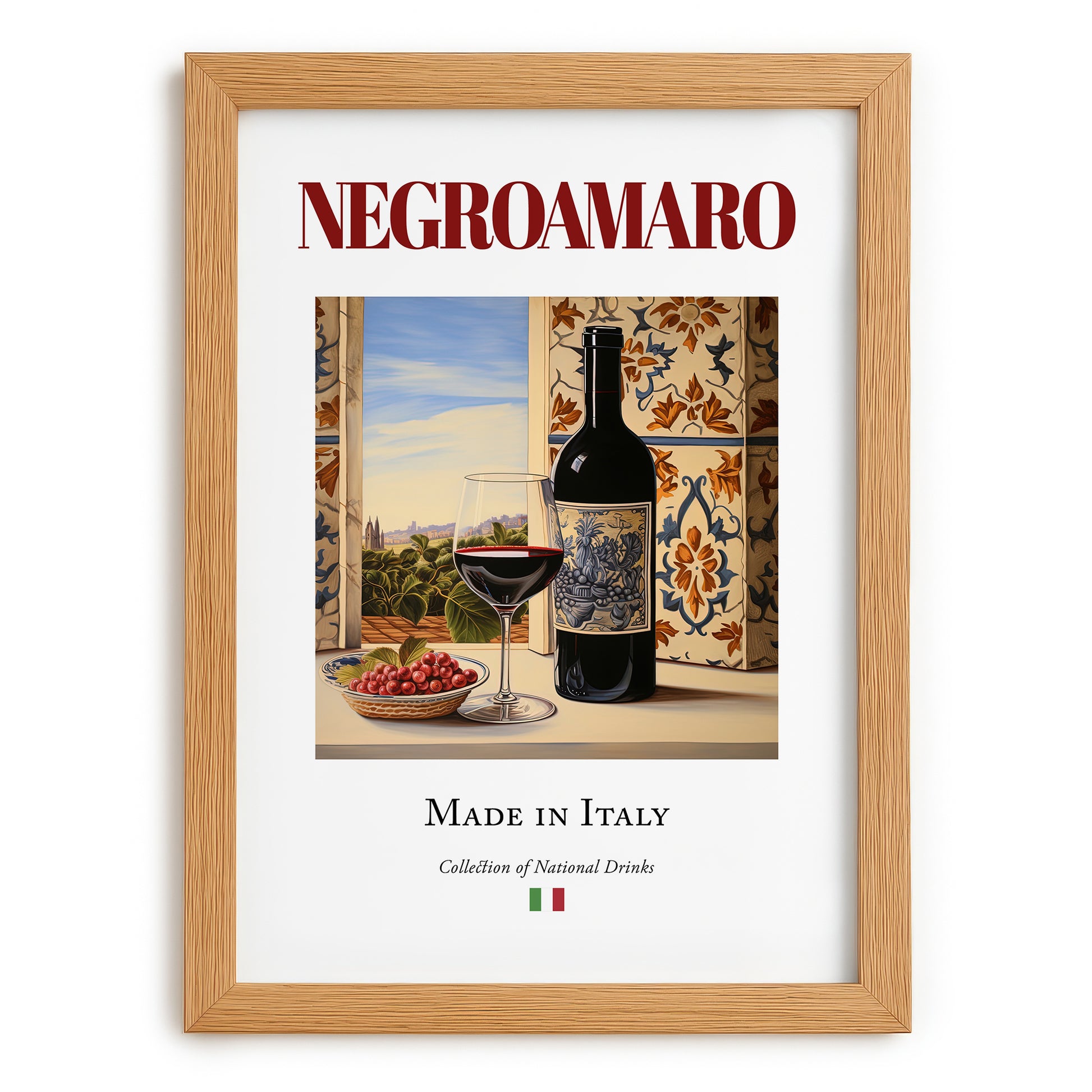 Negroamaro – Italian Red Wine, Wine Bar Wall Art, set in oak frame