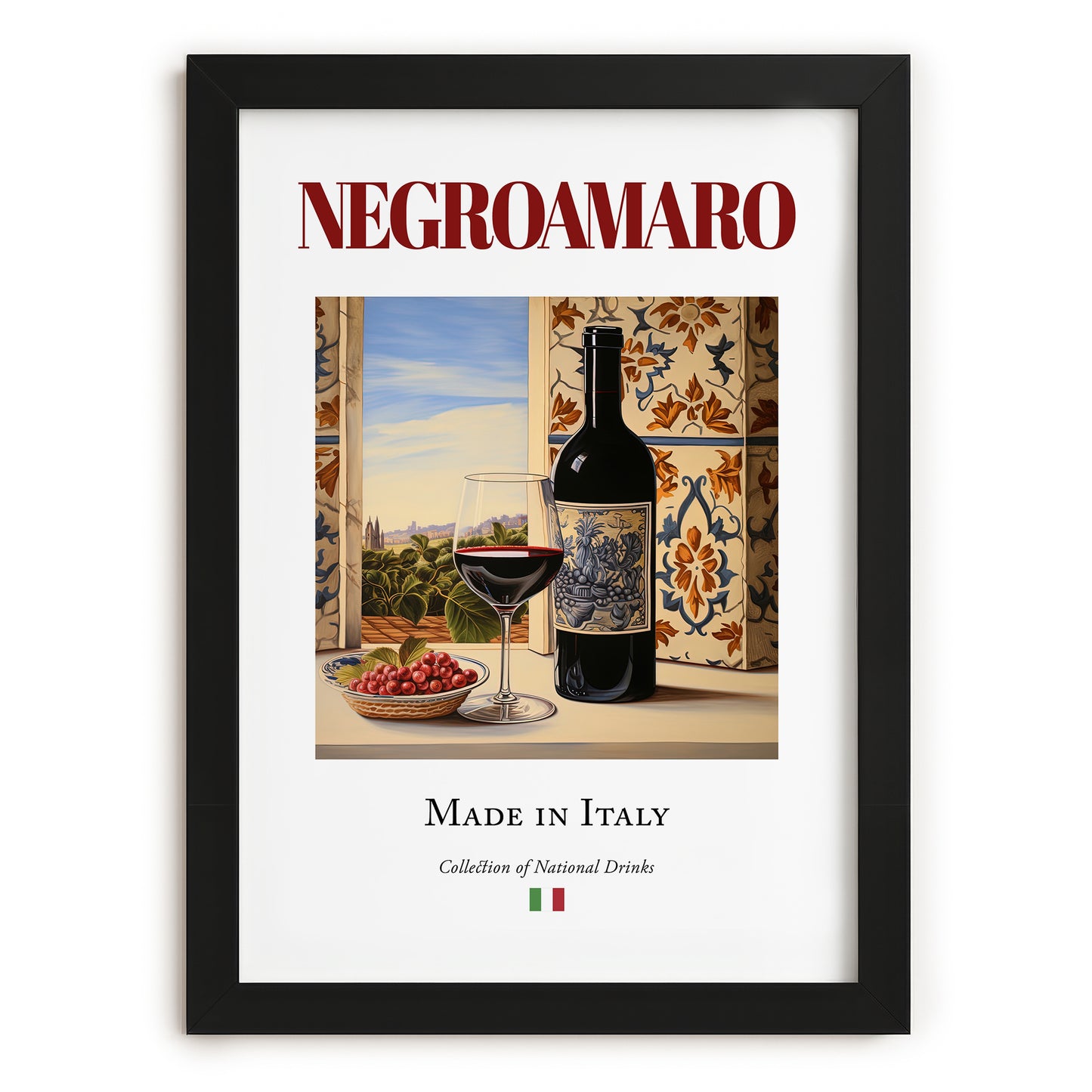 Negroamaro – Italian Red Wine, Wine Bar Wall Art, in sleek black frame
