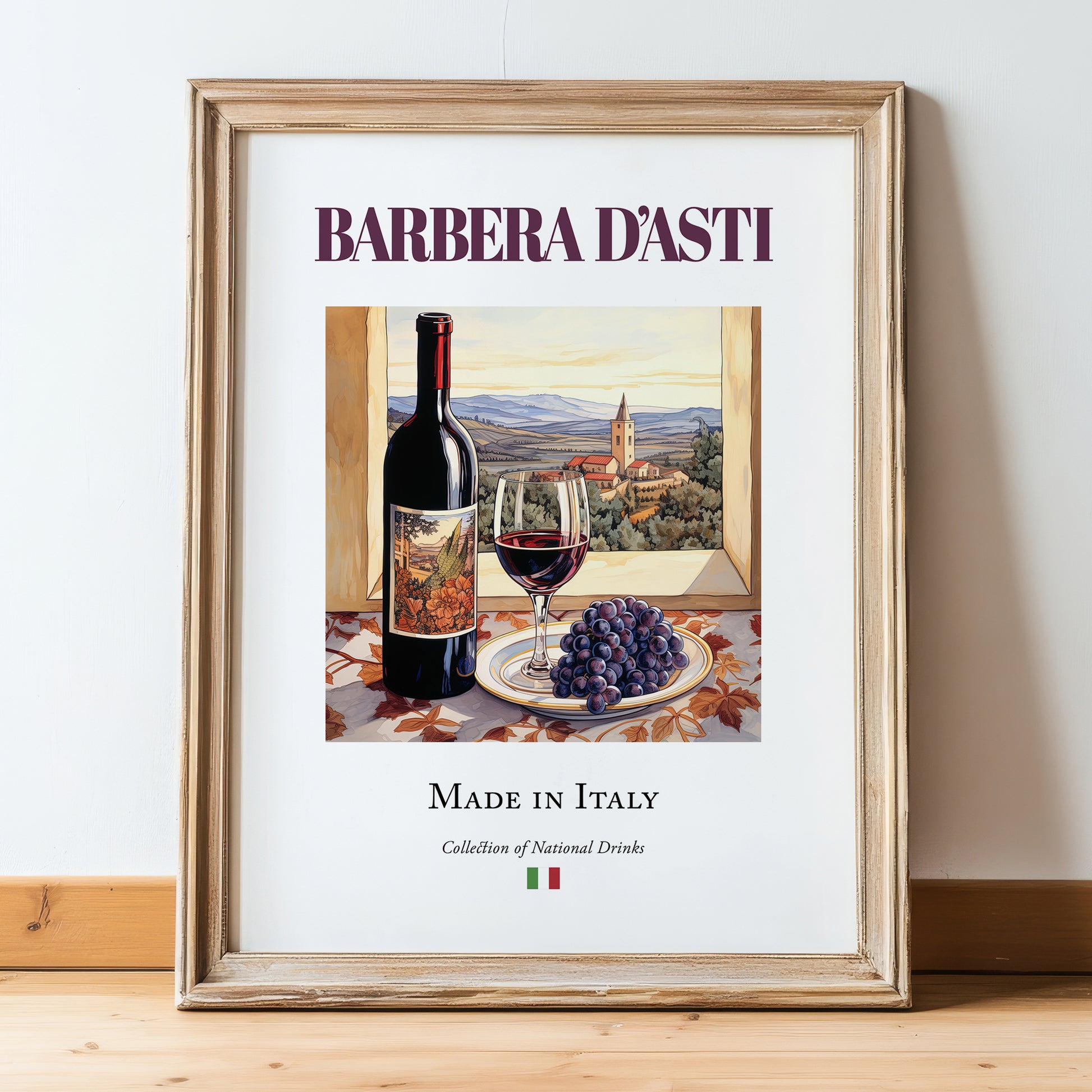 Barbera d'Asti – Italian Red Wine, Wine Bar Wall Art, in wooden frame leaning on the floor