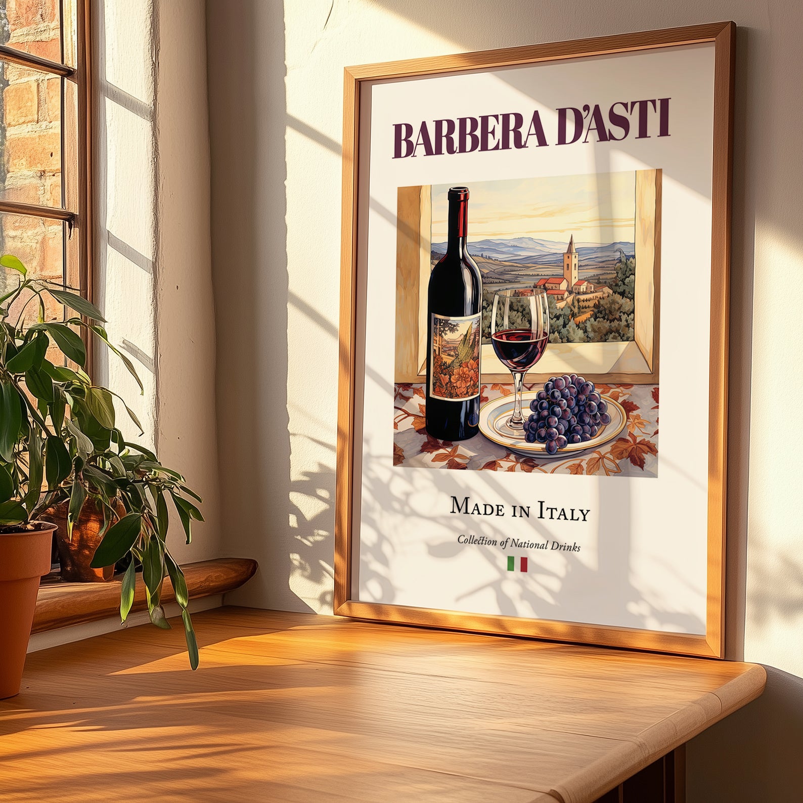 Barbera d'Asti – Italian Red Wine, Wine Bar Wall Art, no-text version framed in wood