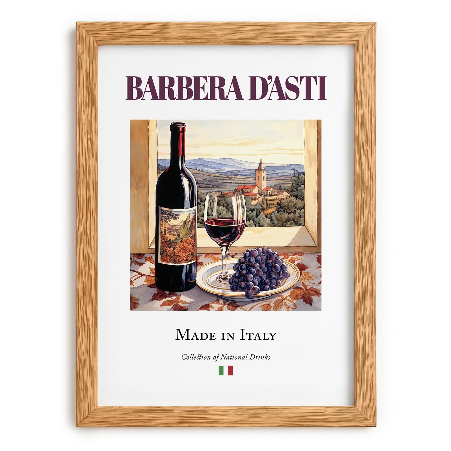 Barbera d'Asti – Italian Red Wine, Wine Bar Wall Art, set in oak frame