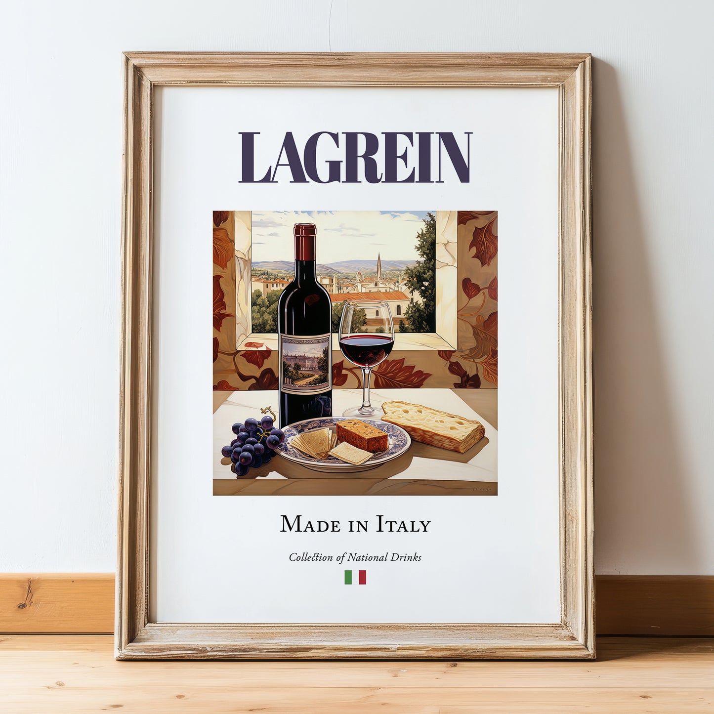 Lagrein – Italian Red Wine, Wine Bar Wall Art, in wooden frame leaning on the floor