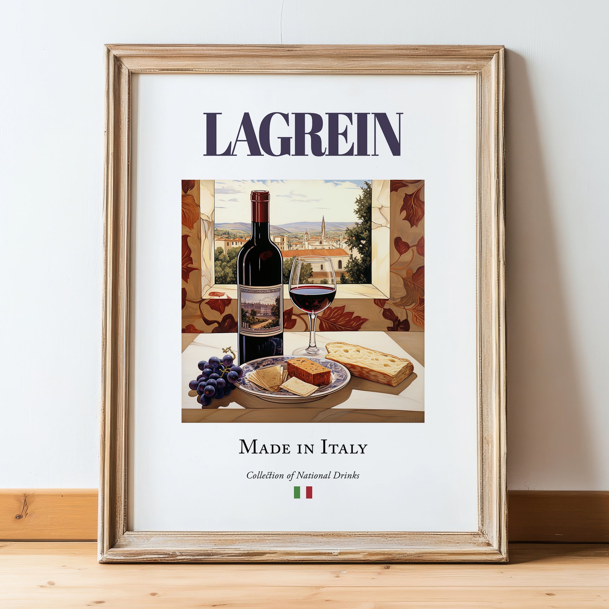 Lagrein – Italian Red Wine, Wine Bar Wall Art, in wooden frame leaning on the floor