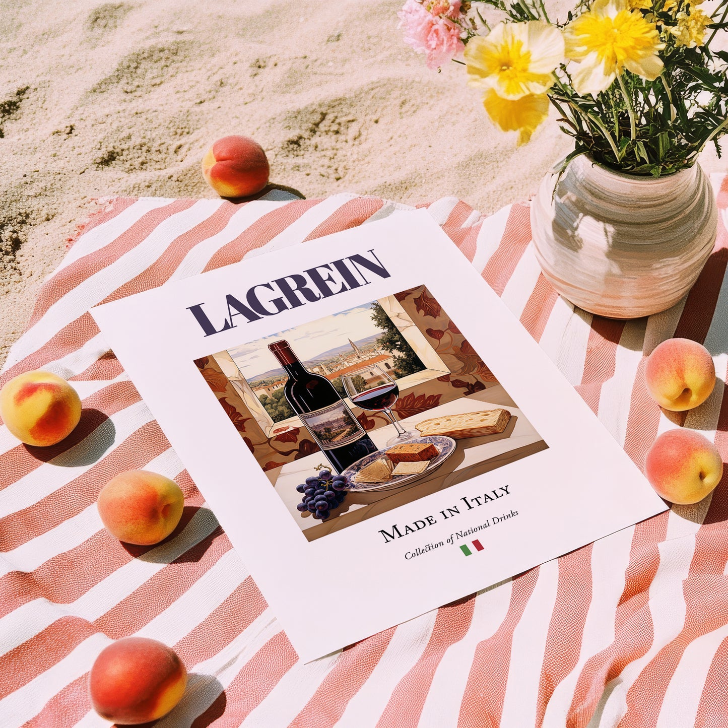 Lagrein – Italian Red Wine, Wine Bar Wall Art, unframed on coastal sand