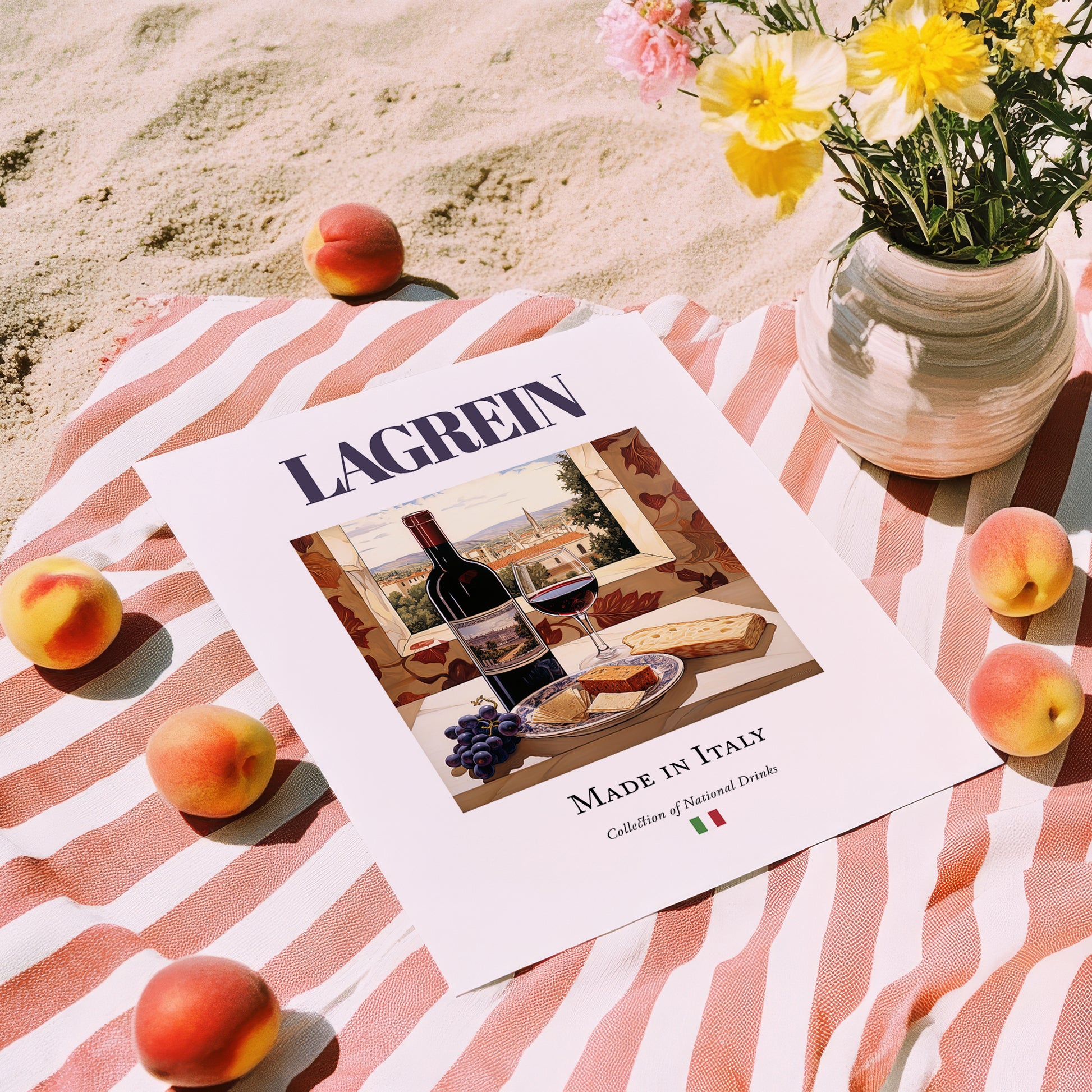 Lagrein – Italian Red Wine, Wine Bar Wall Art, unframed on coastal sand