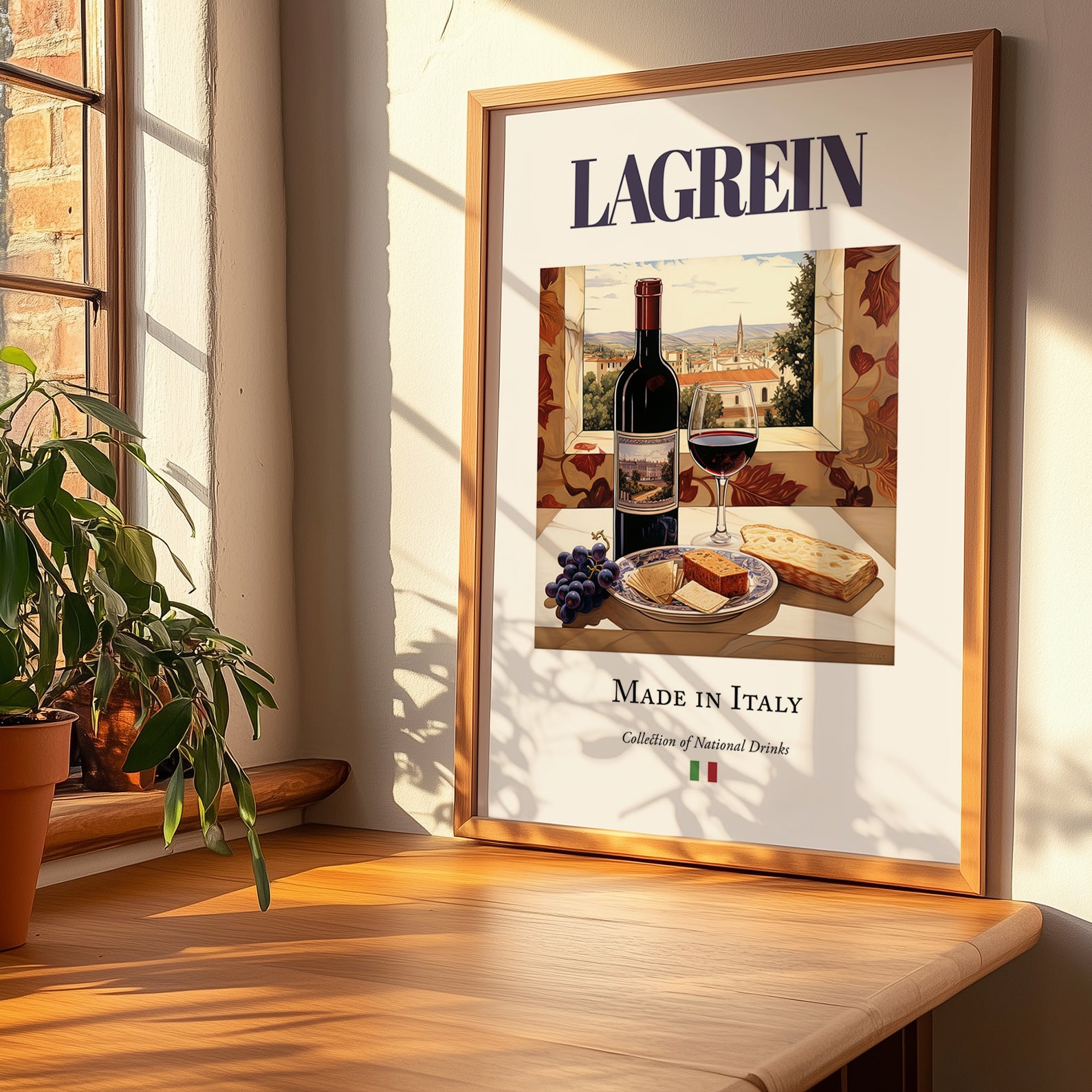 Lagrein – Italian Red Wine, Wine Bar Wall Art, no-text version framed in wood