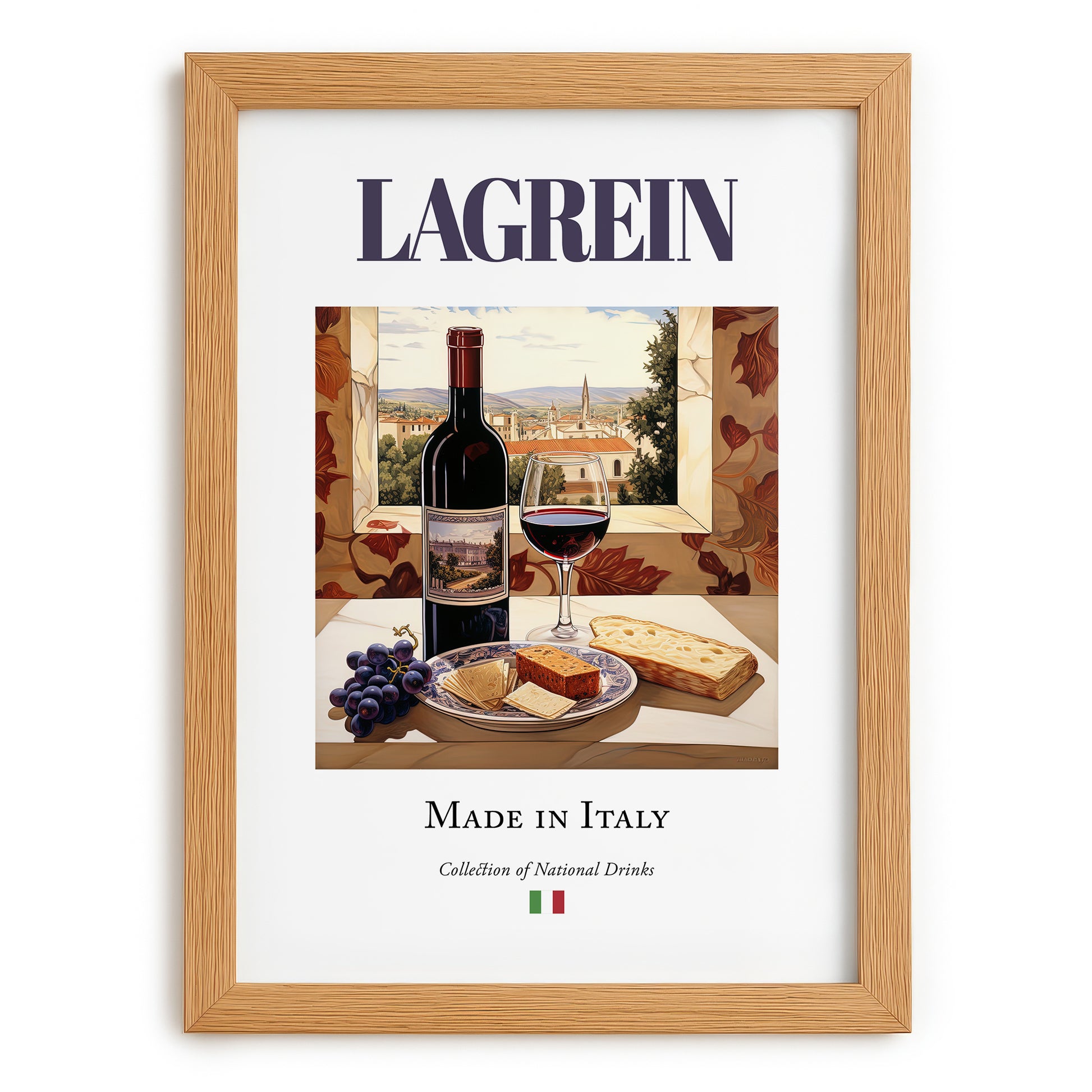 Lagrein – Italian Red Wine, Wine Bar Wall Art, set in oak frame