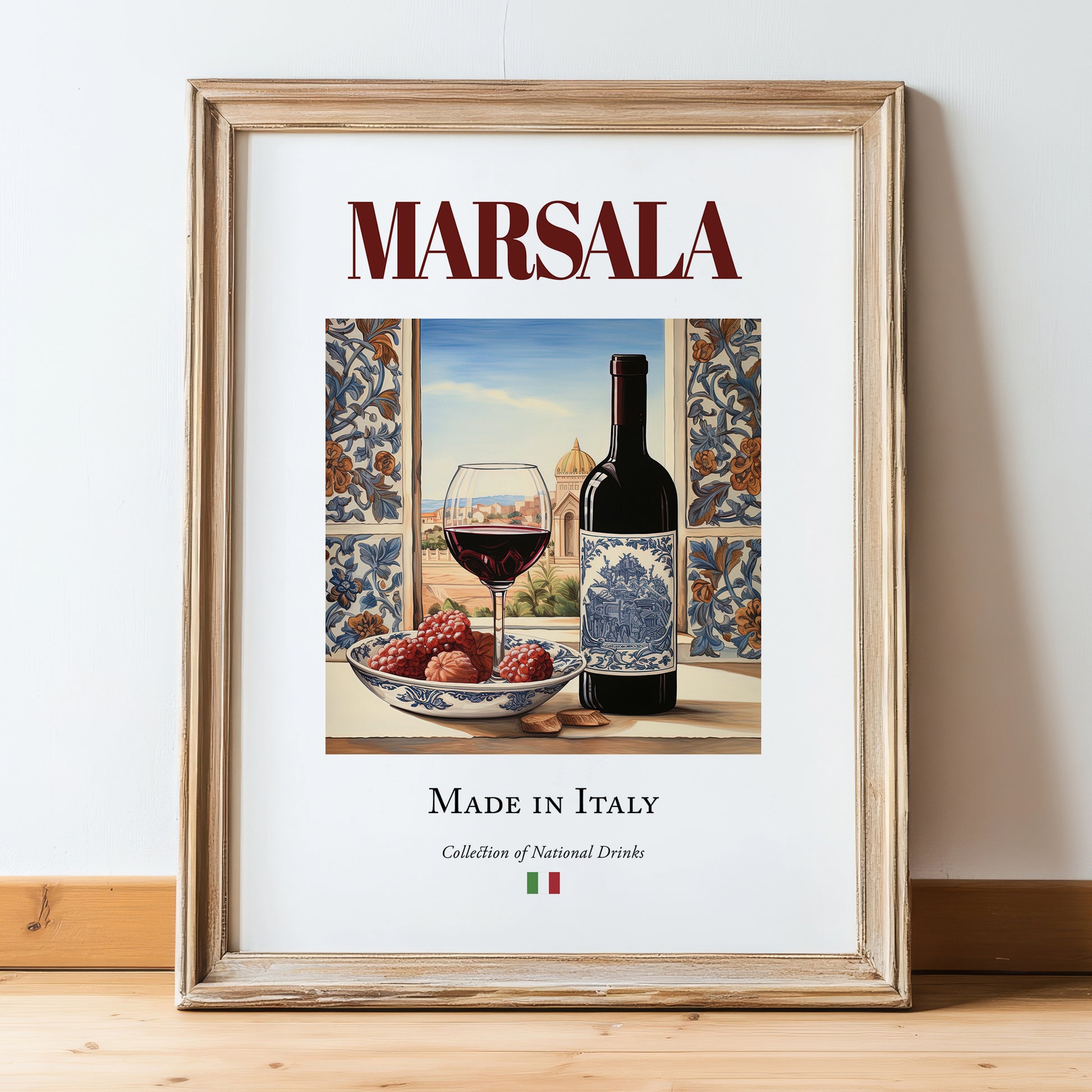 Marsala – Italian Dessert Wine, Wine Bar Poster, in wooden frame leaning on the floor