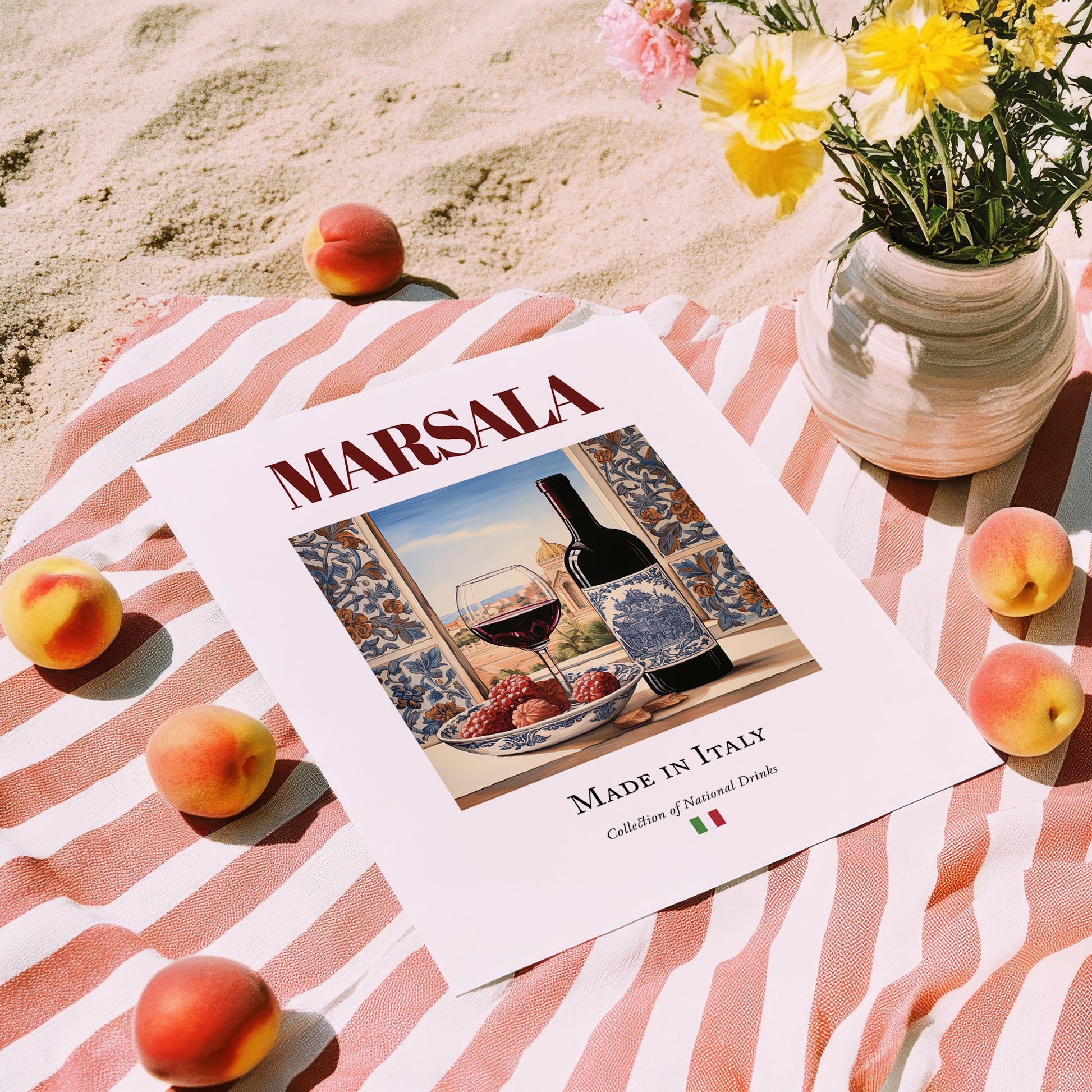 Marsala – Italian Dessert Wine, Wine Bar Poster, unframed on coastal sand