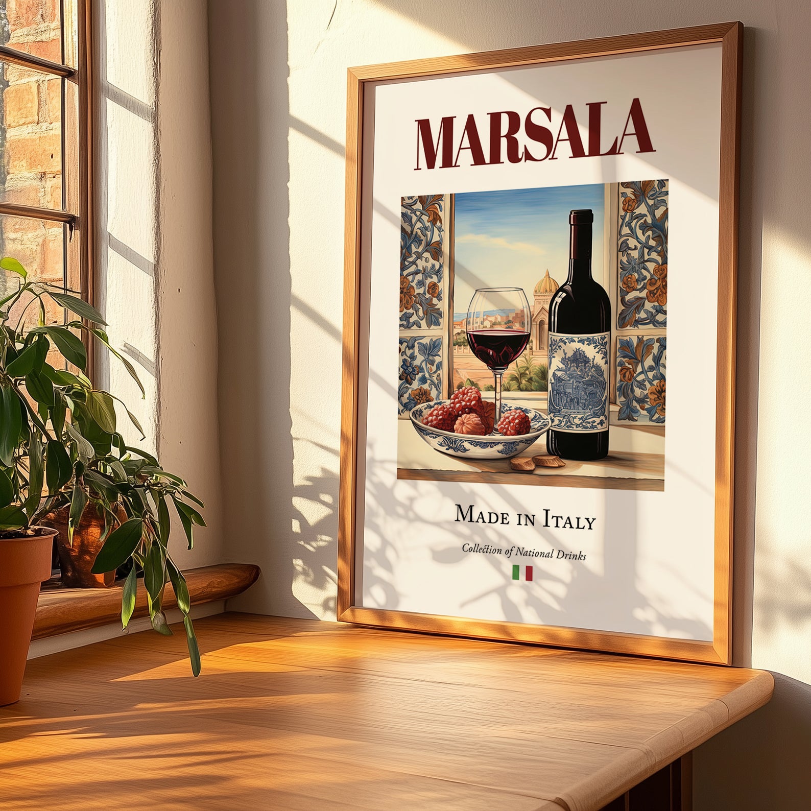 Marsala – Italian Dessert Wine, Wine Bar Poster, no-text version framed in wood
