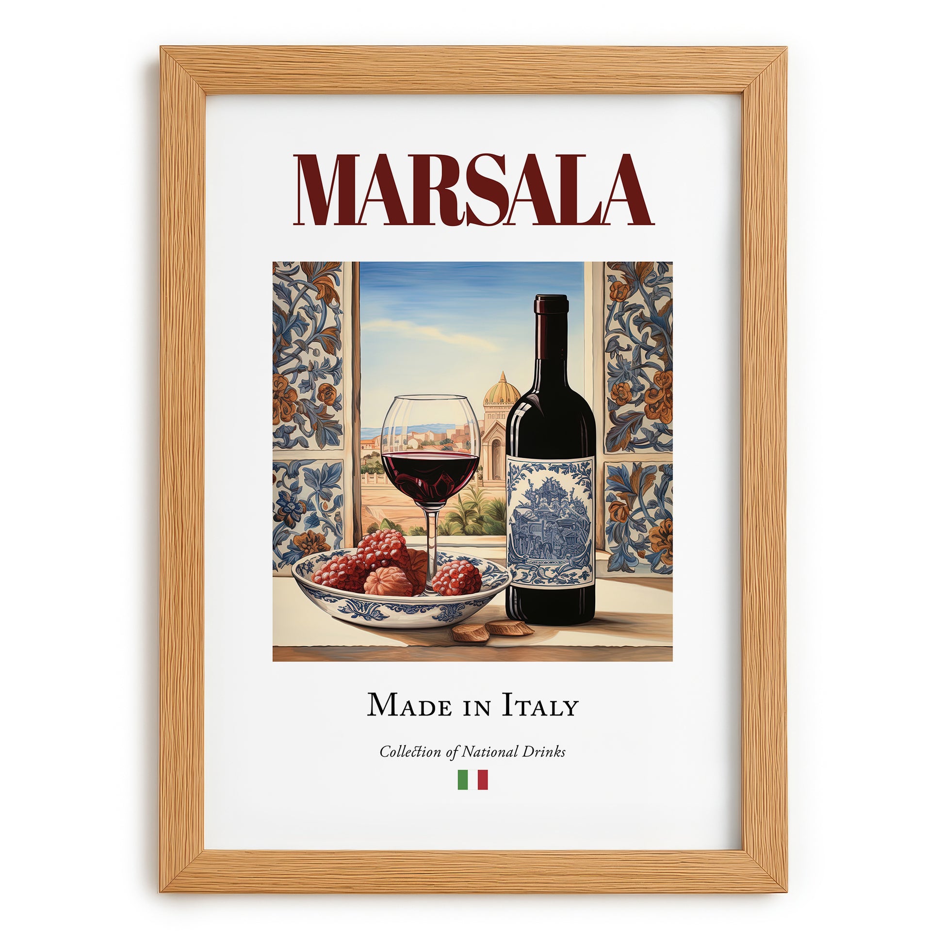 Marsala – Italian Dessert Wine, Wine Bar Poster, set in oak frame
